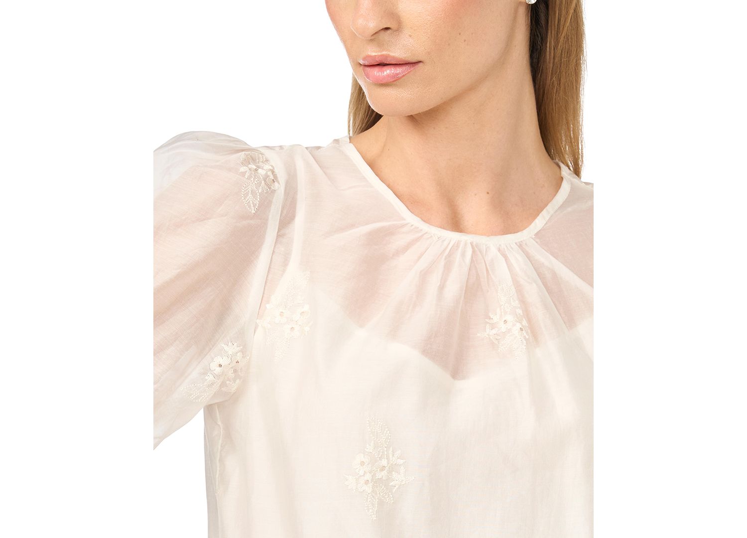 Women's Bubble Short-Sleeve Floral-Print Shirred Neck Top