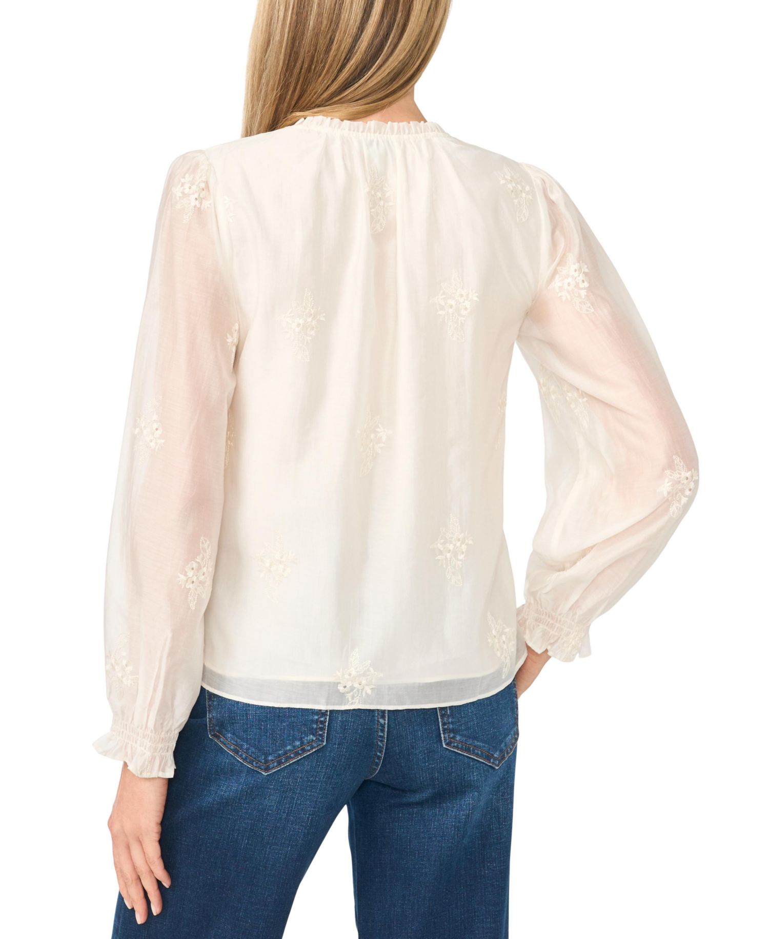 Women's Long-Sleeve Ruffle Neck Embroidered Blouse