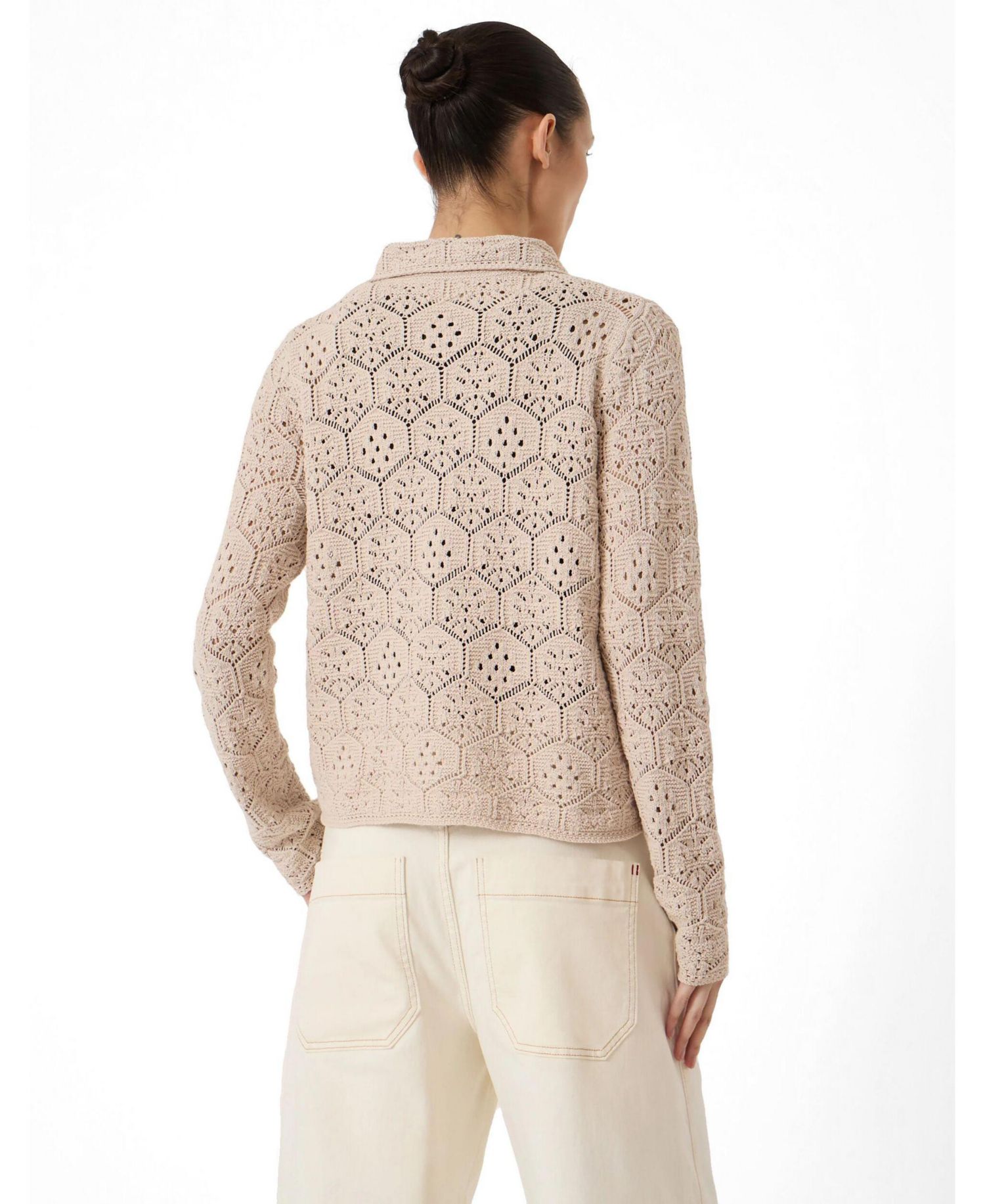 Women's Crochet Cropped Cotton Long-Sleeve Cardigan