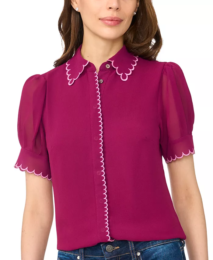 Women's Scallop Contrast Trim Button-Up Top - thumbnail 5