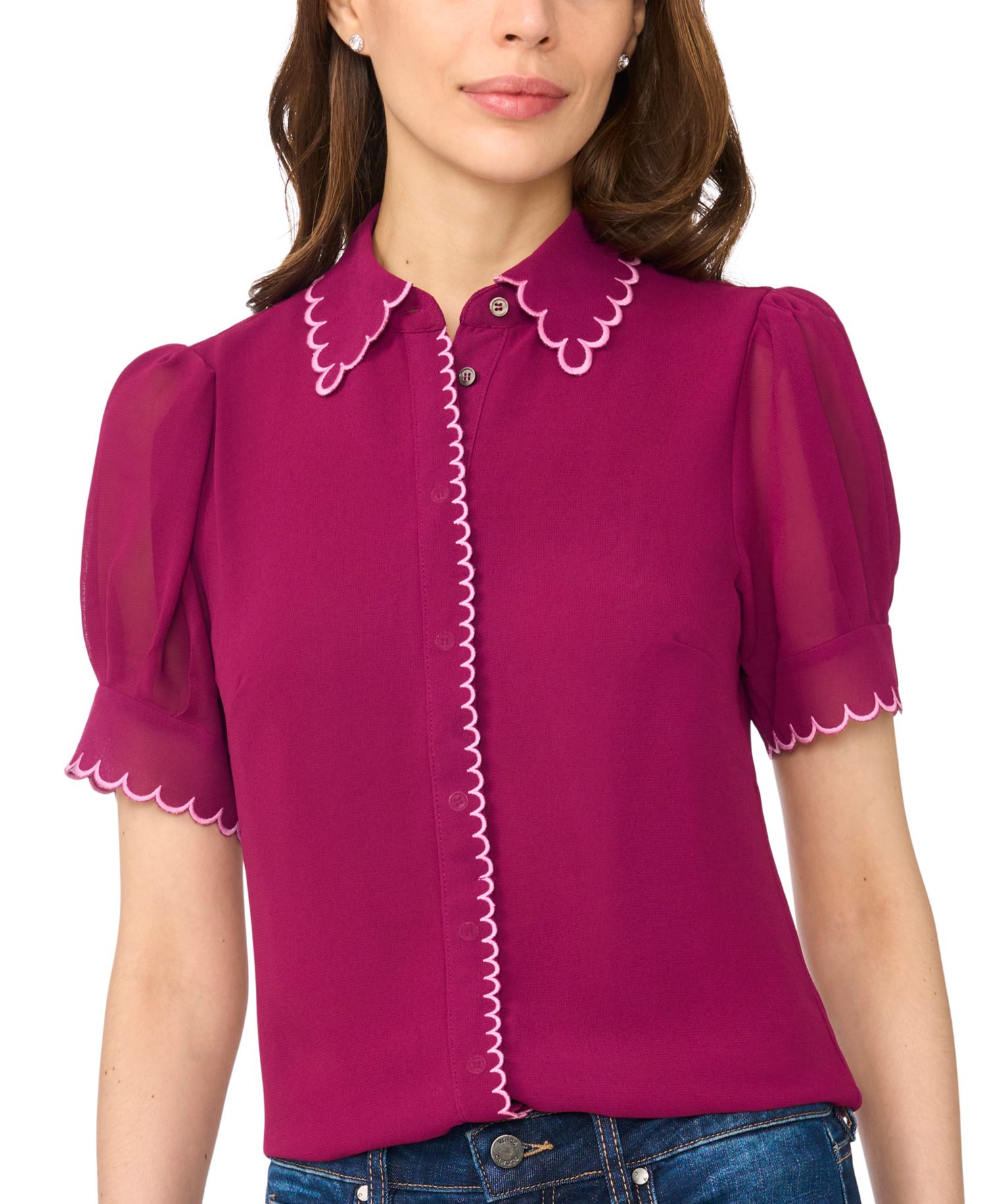 Women's Scallop Contrast Trim Button-Up Top