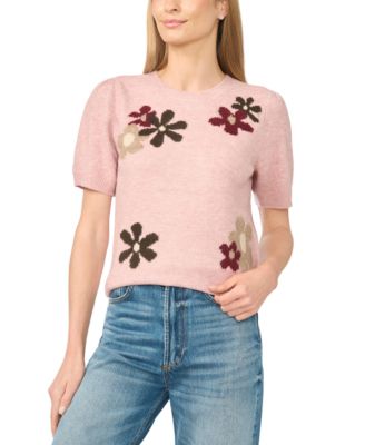 Women's Crewneck Flower Patterned Knit Short-Sleeve Sweater