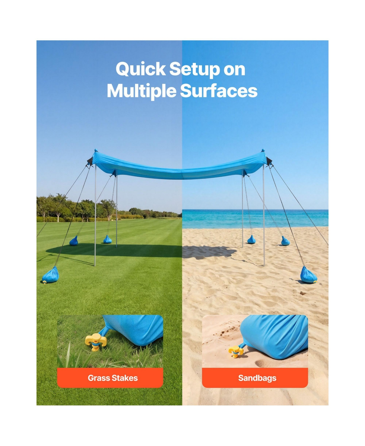 Mountaintop Beach Tent Sun Shelter, UPF50+ Pop-Up Canopy, 8 Sandbags, Support Poles and Sand Shovels for Family Outdoor Trips
