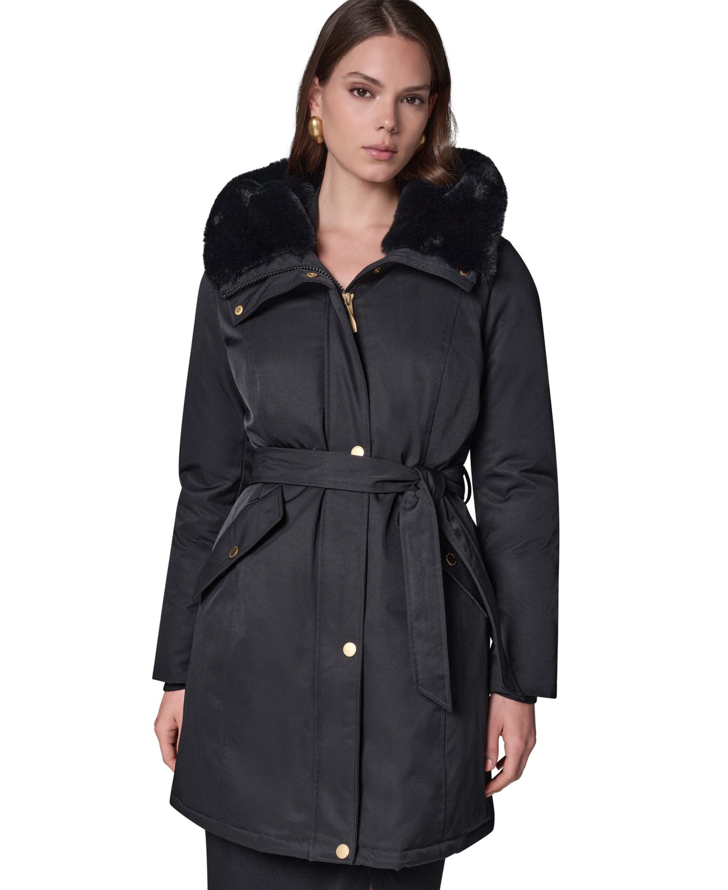 Women's Belted Hooded Mid-Length Puffer Coat
