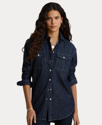 Women's Long-Sleeve Point Collar Relaxed-Fit Denim Shirt
