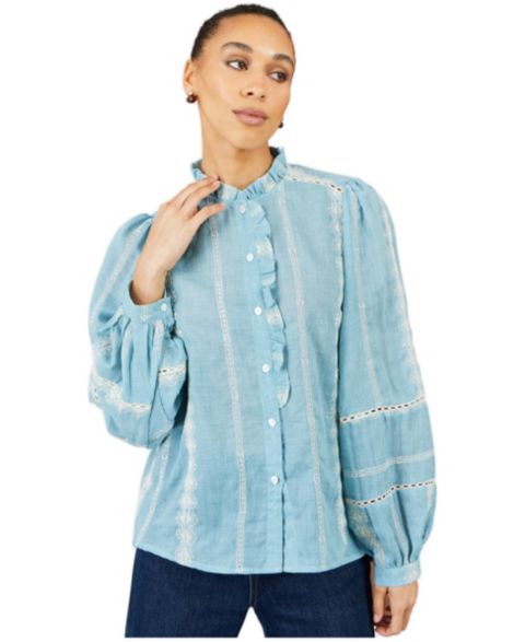 Женская блузка Yumi Long-Sleeve Button-Up Mandarin Collar, цвет: Синий