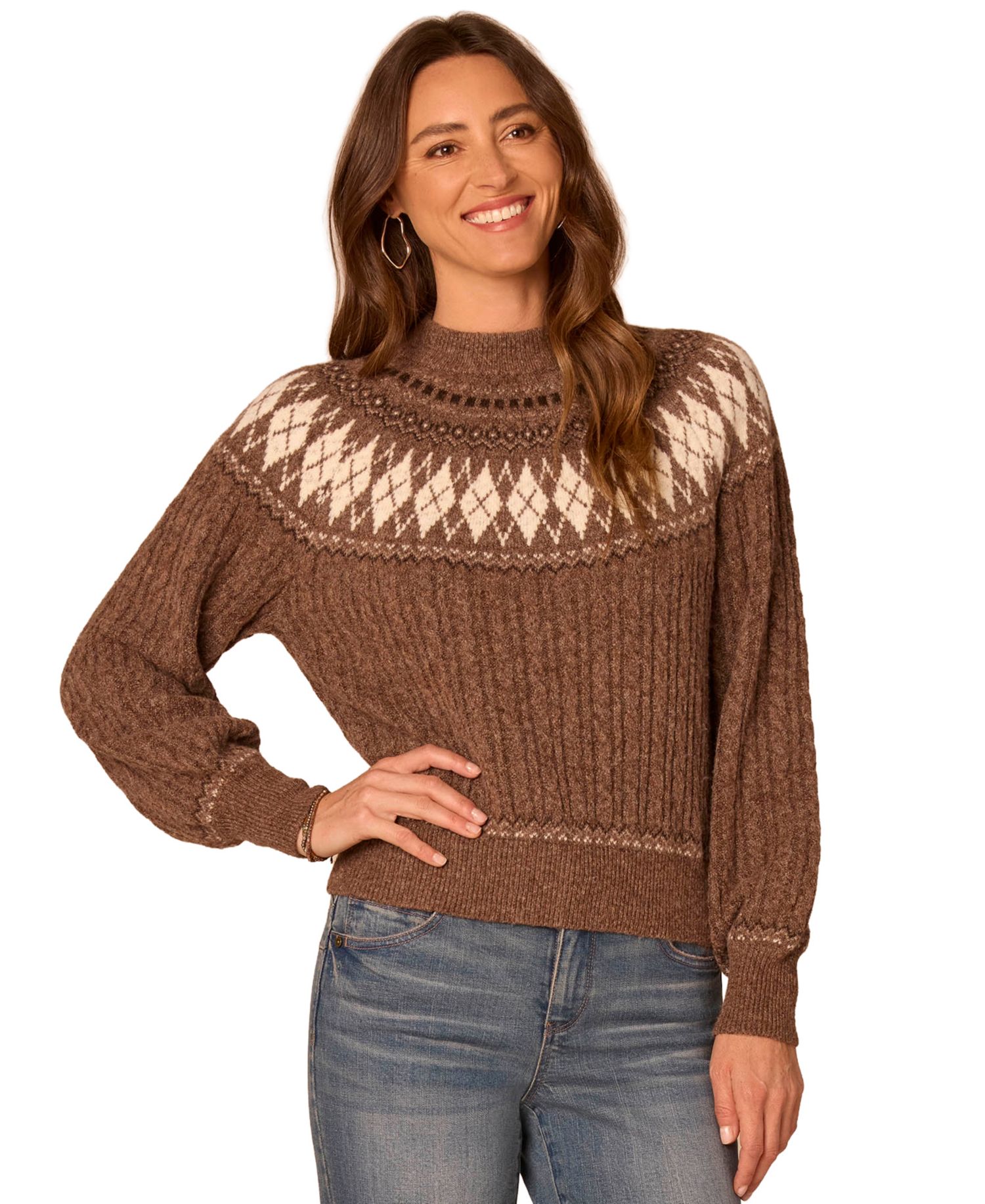 Petite Fair Isle Cable-Knit Mock Neck Sweater