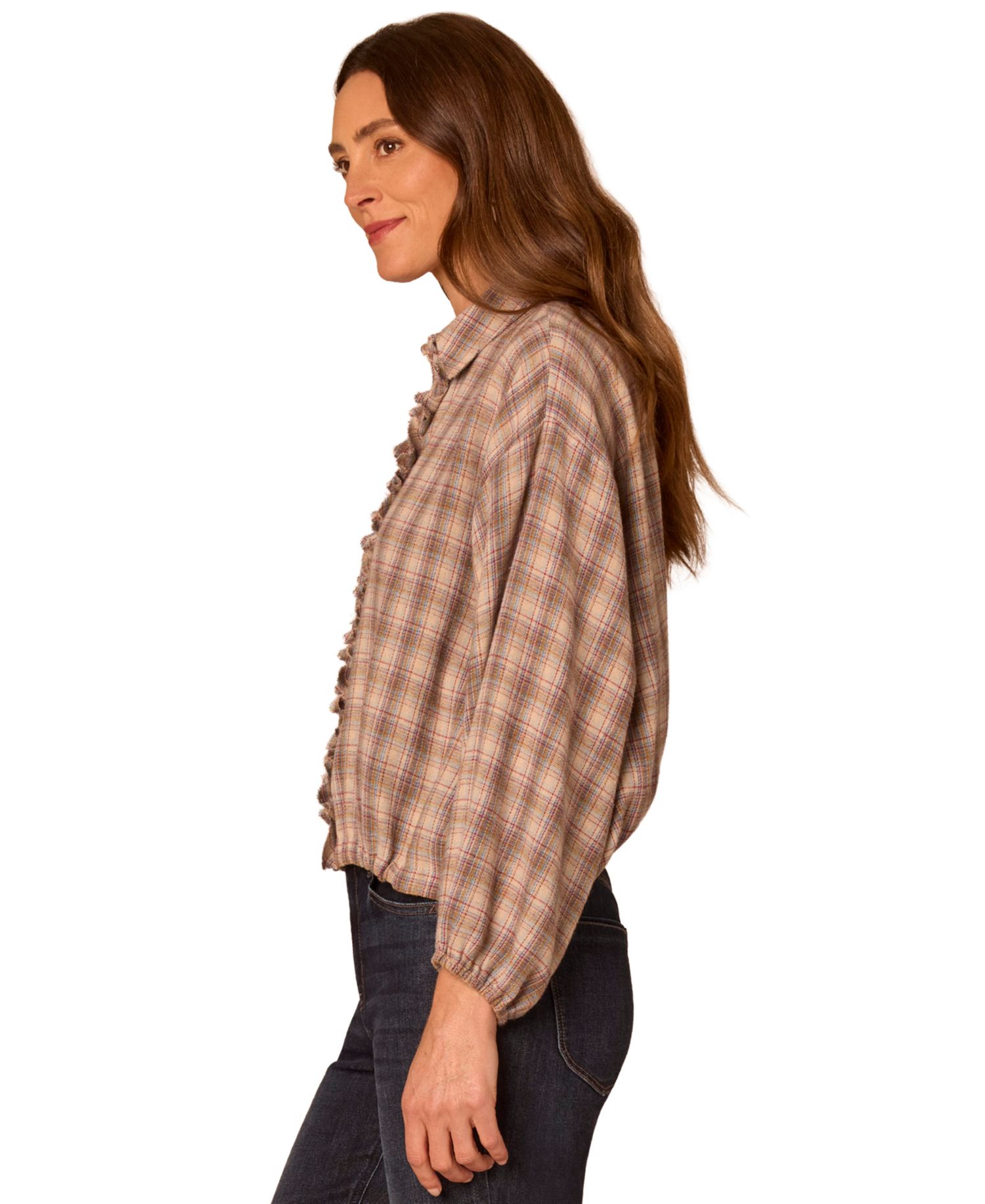 Petite Plaid Ruffle-Front Bubble-Hem Woven Blouse