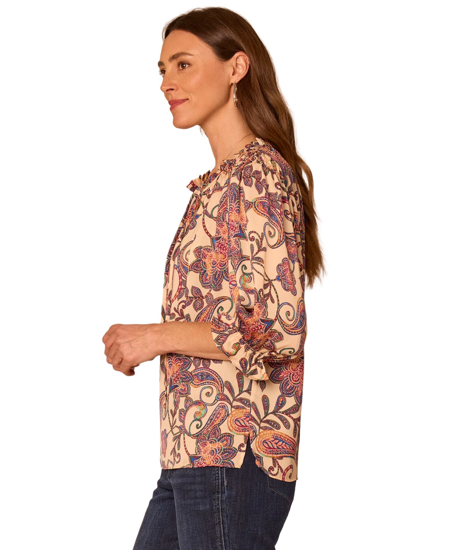 Petite Floral-Print Split Neck Peasant 3/4-Sleeve Blouse