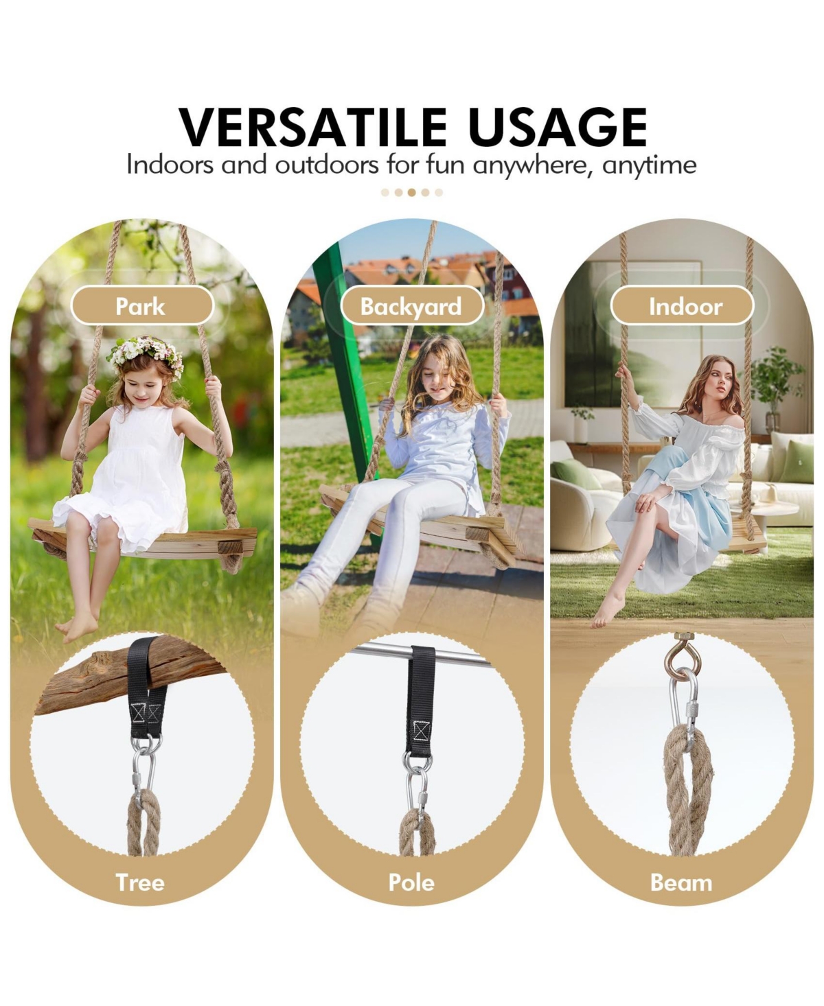 Piscifun Upgraded Wooden Swing Seat Adjustable Rope Straps Indoor Outdoor 500lbs Load