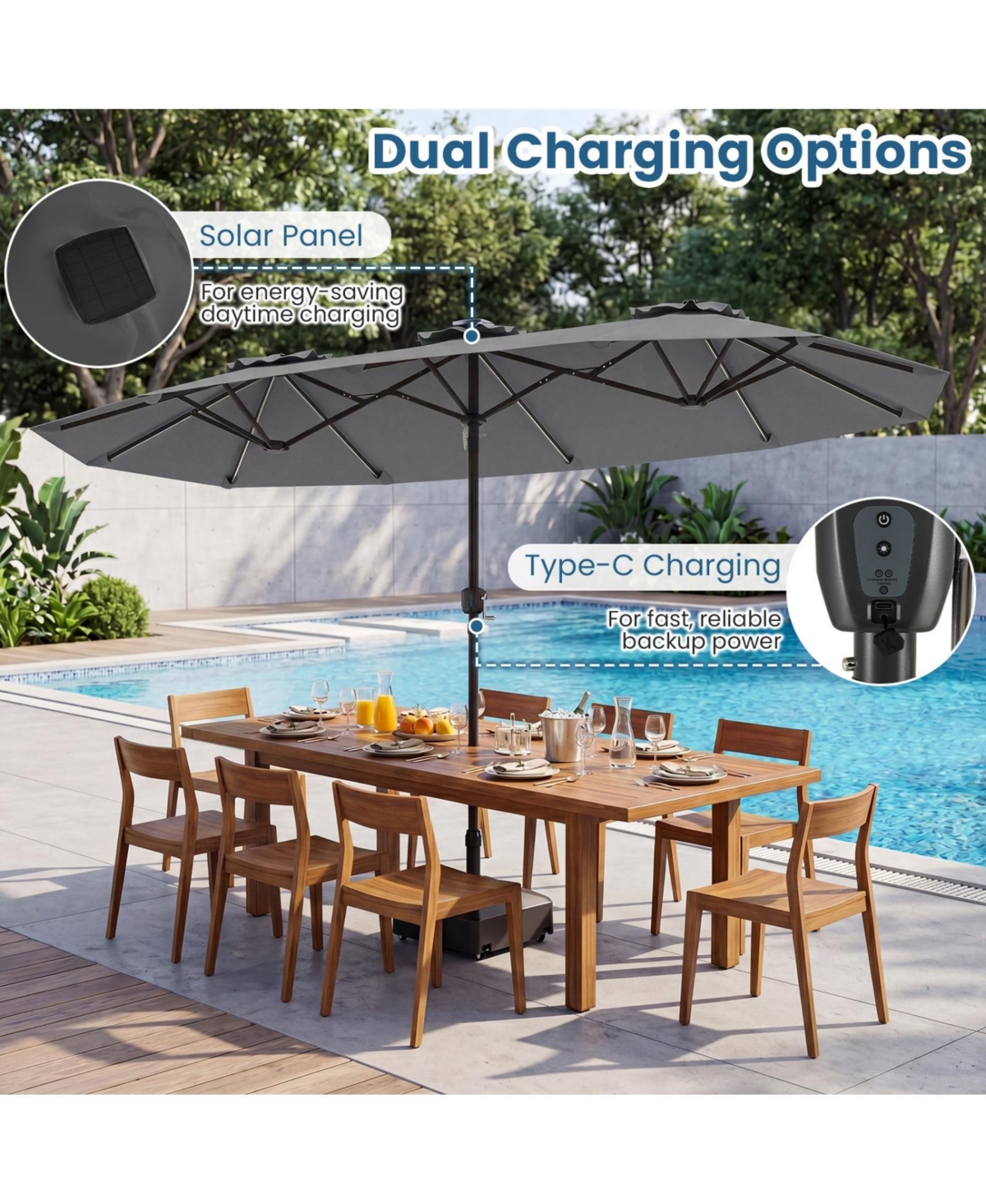 Sugift 13 Feet Double-Sided Patio Umbrella with Color Changing Flowing Solar Led Lights