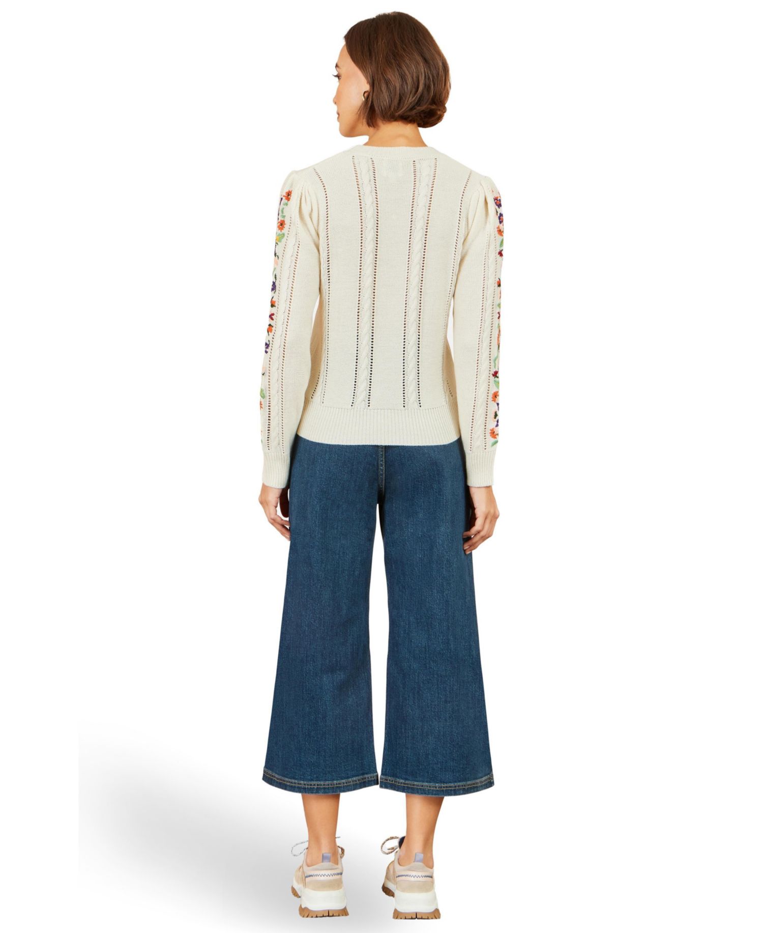 Women's Cable-Knit Floral-Embroidery Puff-Sleeve Crewneck Sweater