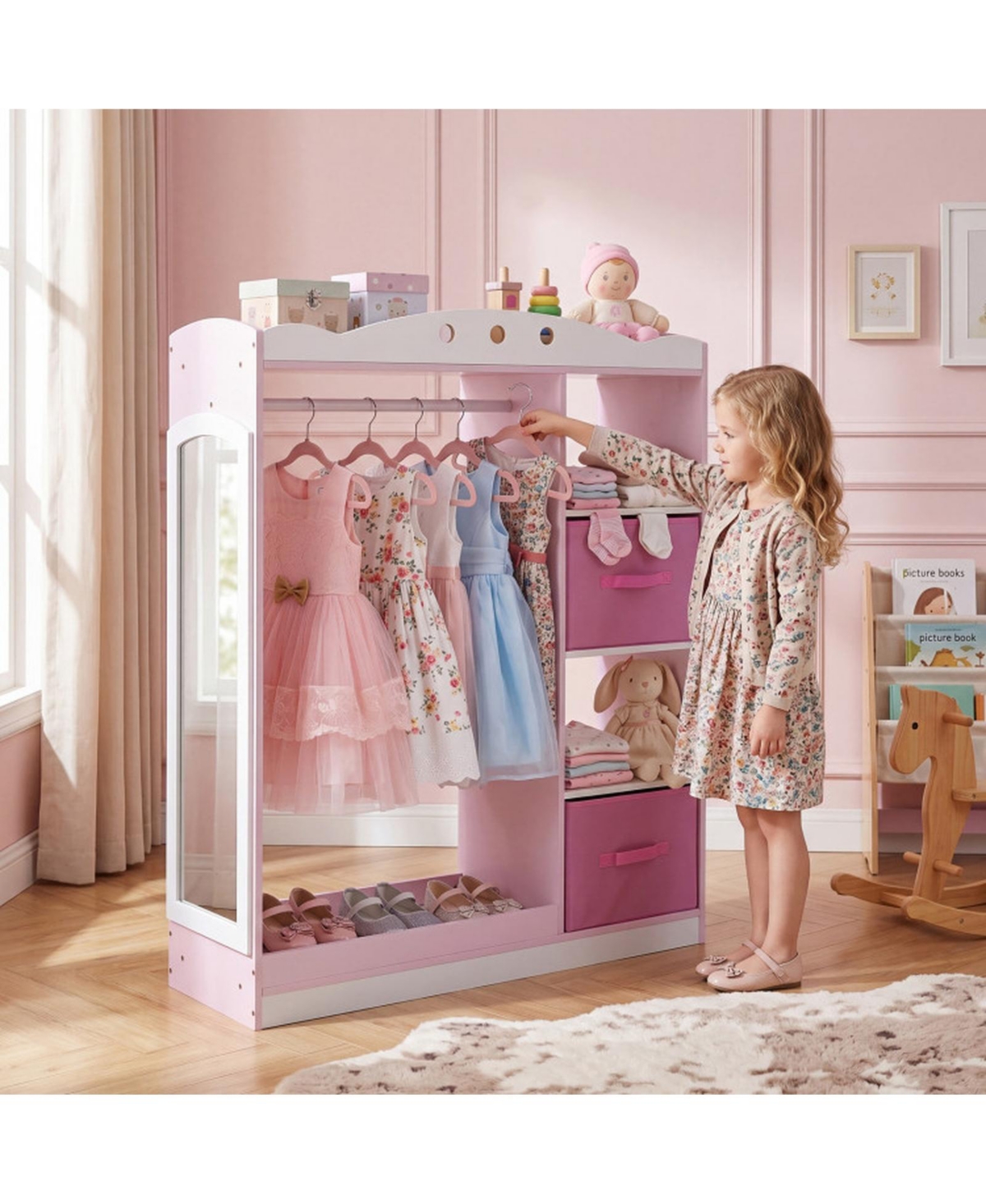 Hongge Kids Dress Up Storage Closet with Full-Length Mirror Hanging Rod and Fabric Drawers