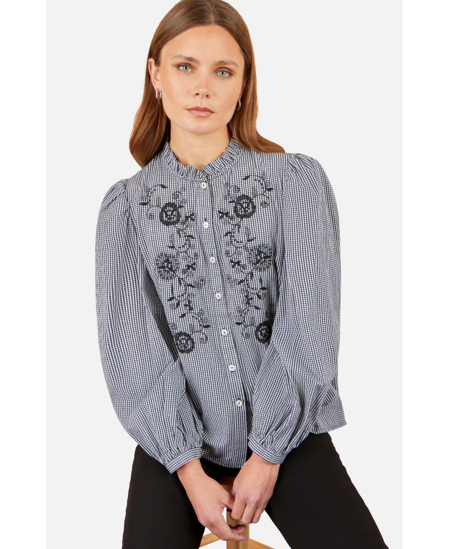 Women's Gingham Embroidered Long-Sleeve Blouse