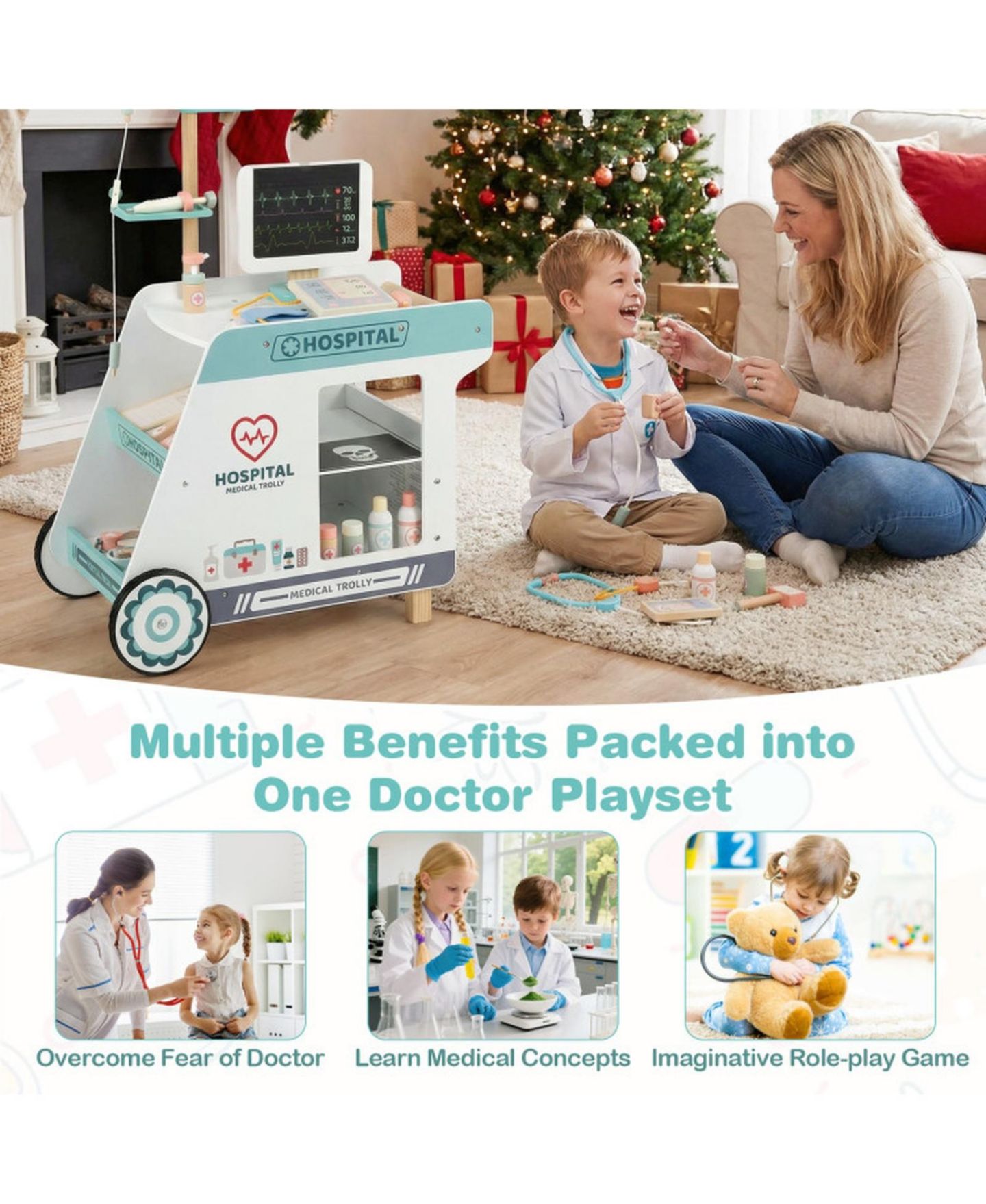 Детский игровой набор HONGGE Doctor CT Scanner Rolling Cart Wooden Playset, Ages 3+, цвет: Зелёный / Розовый — фото 9