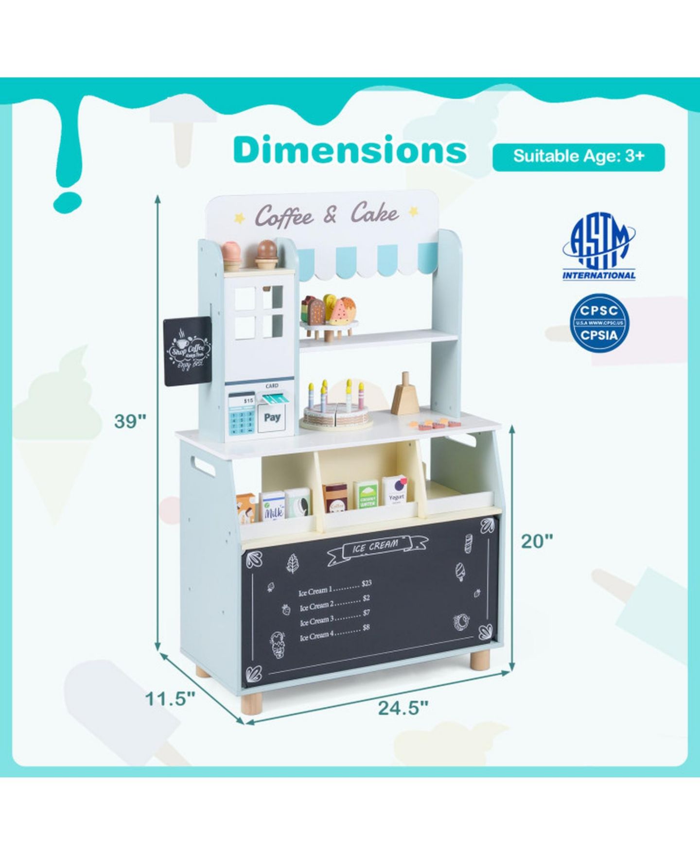 Детский игровой набор HONGGE Wooden Ice Cream Shop 27-Piece Playset, Ages 3+, цвет: Синий / Розовый — фото 3