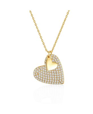 Minimalist 14K Gold Plated CZ Pave Double Heart Charm Necklace