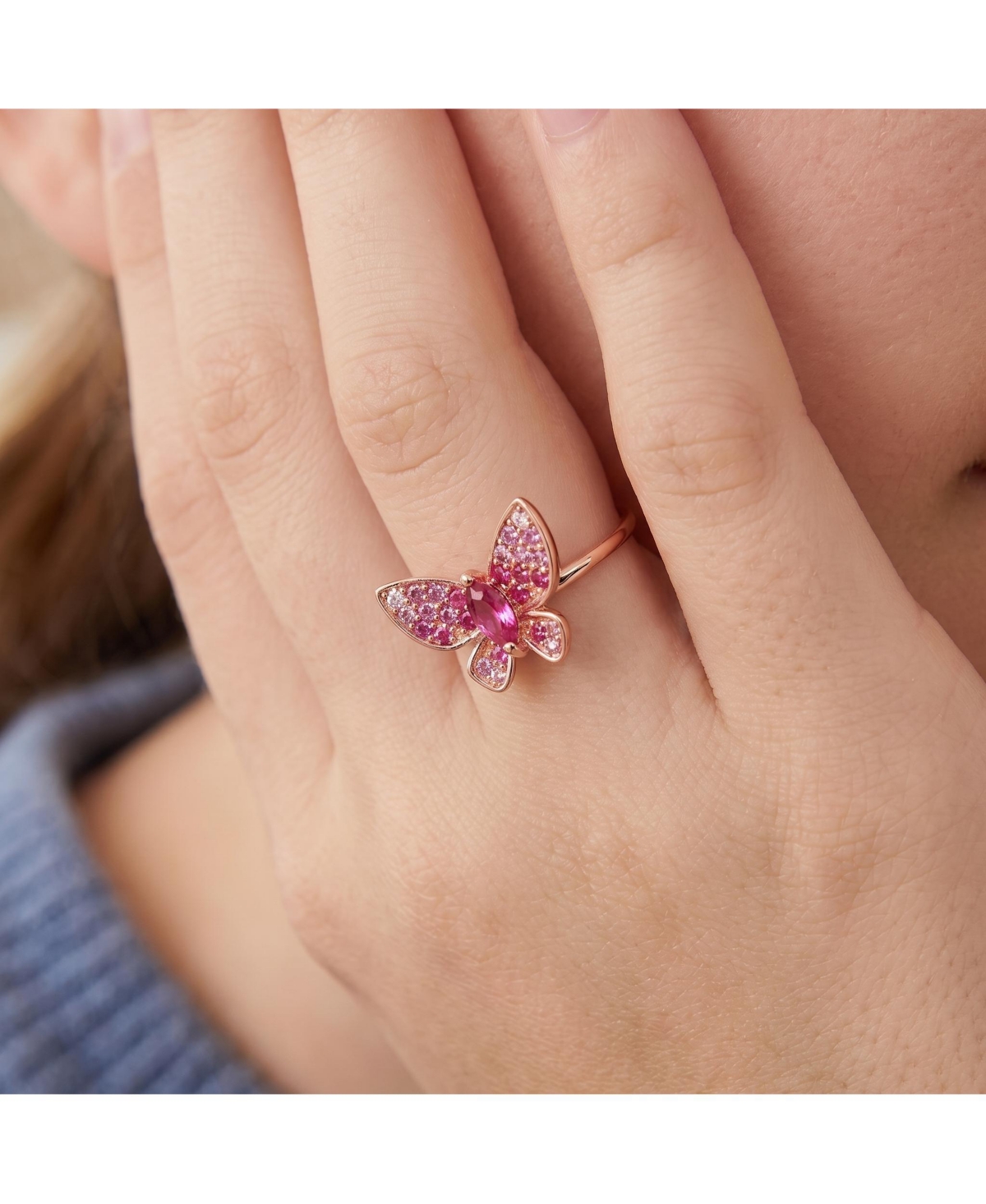 GigiGirl Sterling Silver with 18K Rose Gold Plated Red Cubic Zirconia Small Butterfly Ring