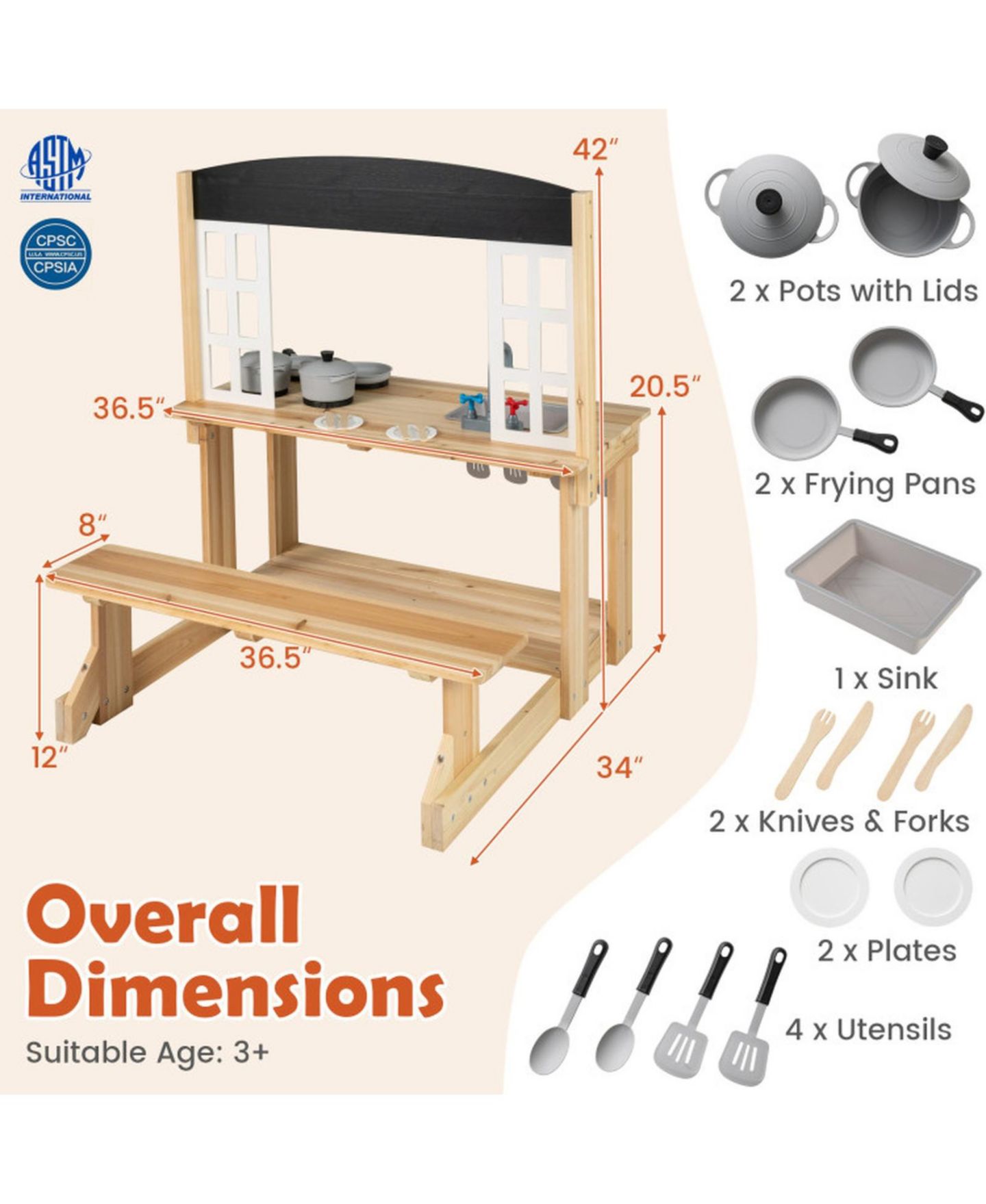 Детский игровой набор HONGGE Wooden Outdoor 2-in-1 Mud Kitchen Playset, Ages 3+, цвет: Натуральный — фото 3