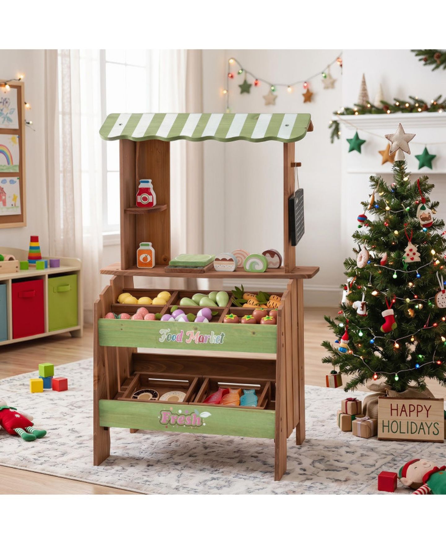 Детский игровой набор HONGGE Wooden Kids Grocery Store Playset with Chalkboard and 43 Pieces, цвет: Коричневый / Зелёный — фото 2