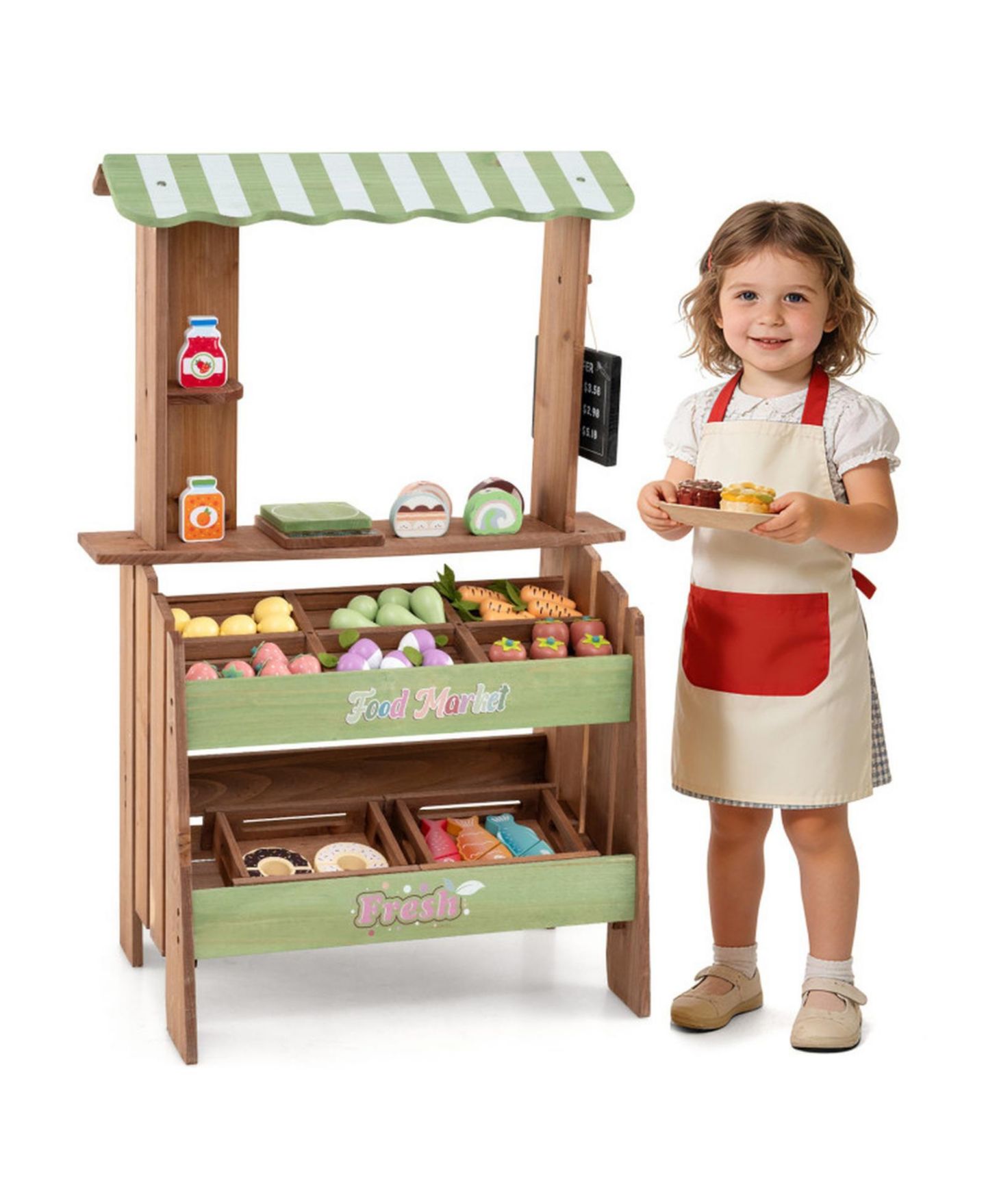 Детский игровой набор HONGGE Wooden Kids Grocery Store Playset with Chalkboard and 43 Pieces, цвет: Коричневый / Зелёный — фото 11