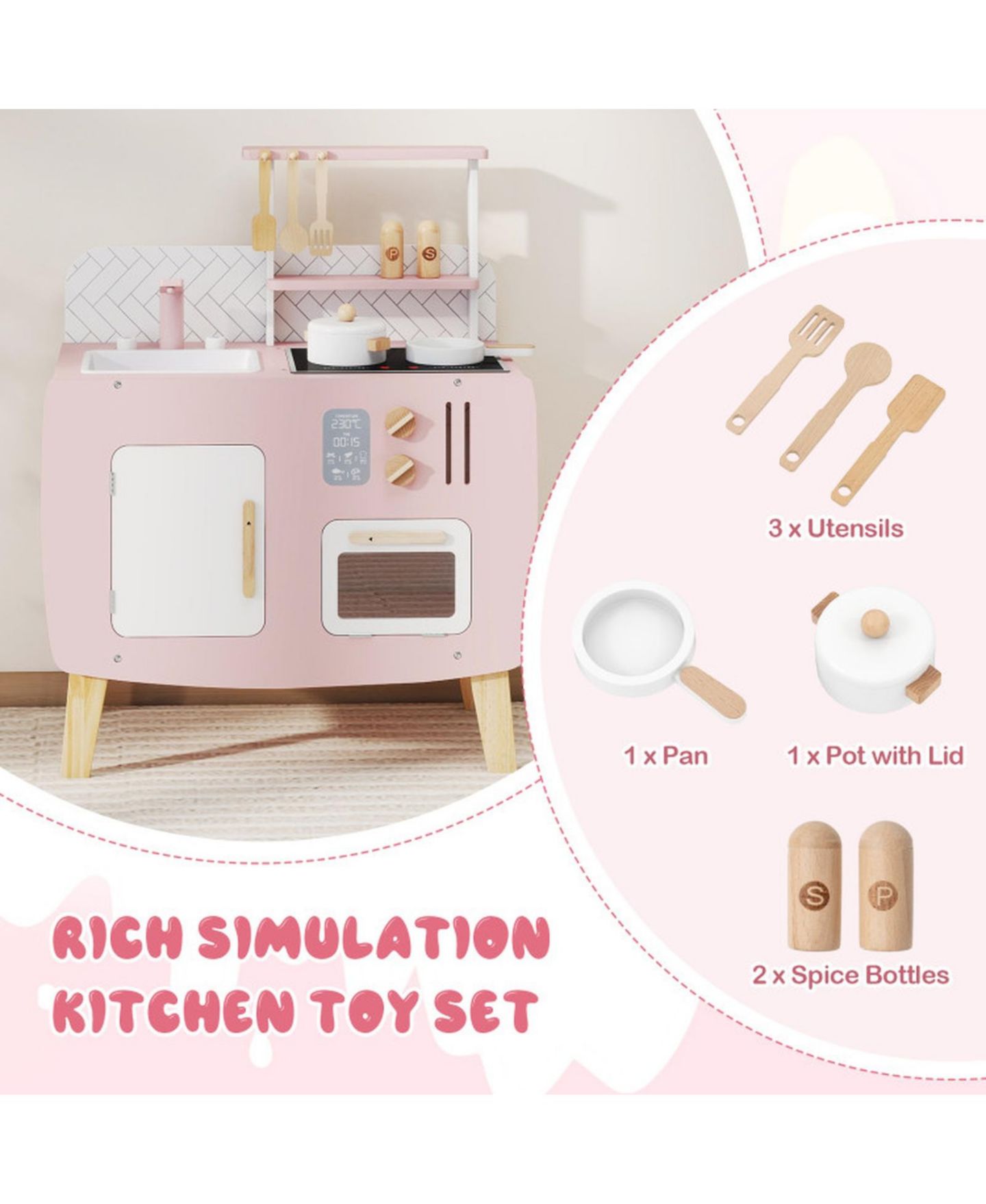 Детские игрушки HONGGE Four-Station Wooden Play Kitchen, 7-Piece Set, Ages 3+, цвет: Розовый / Белый — фото 4