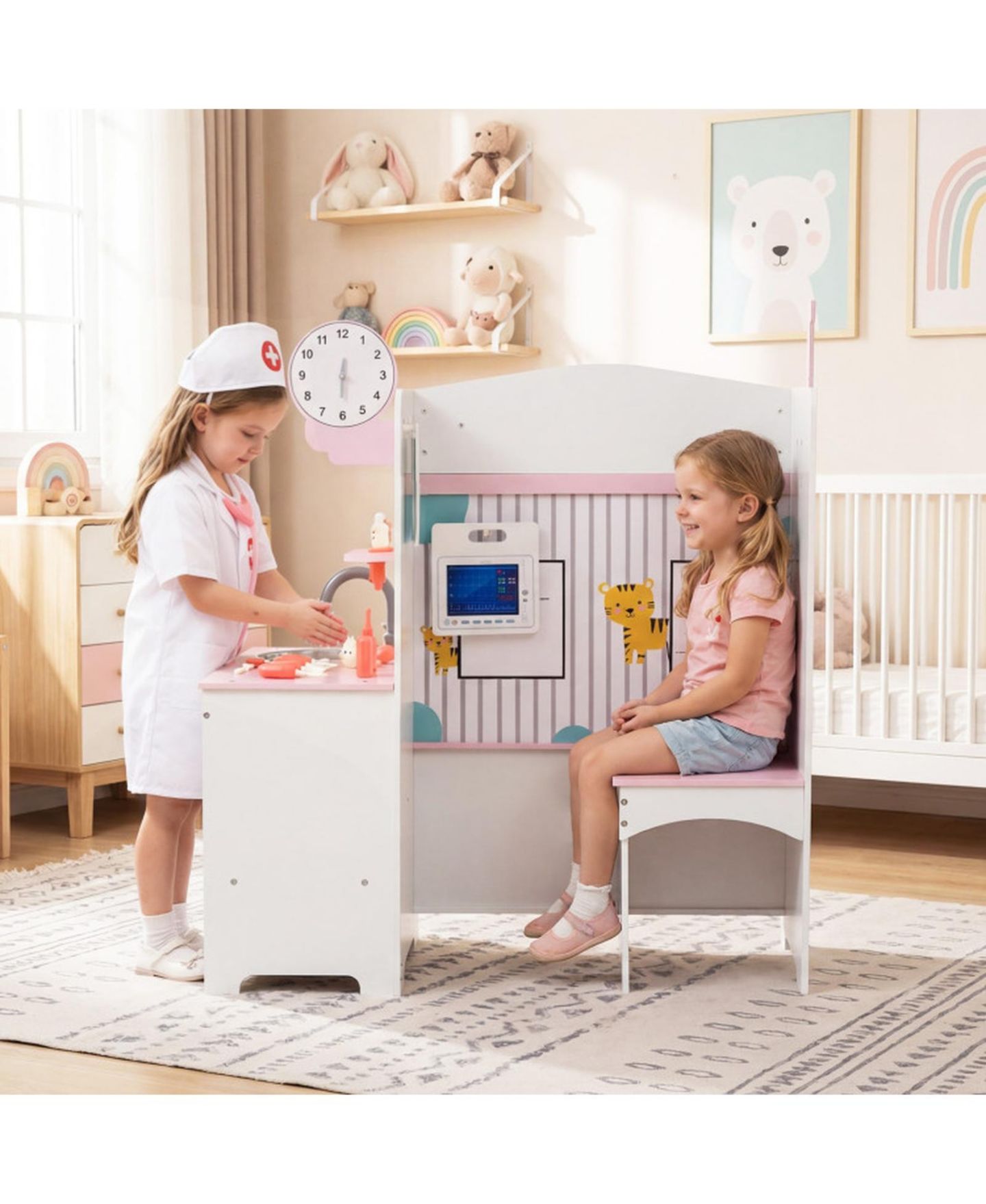 Детские игрушки HONGGE Kids Doctor Adjustable Height Bar Hand Washing Station 27-Piece Play Set, Ages 3+, цвет: Розовый / Белый — фото 2