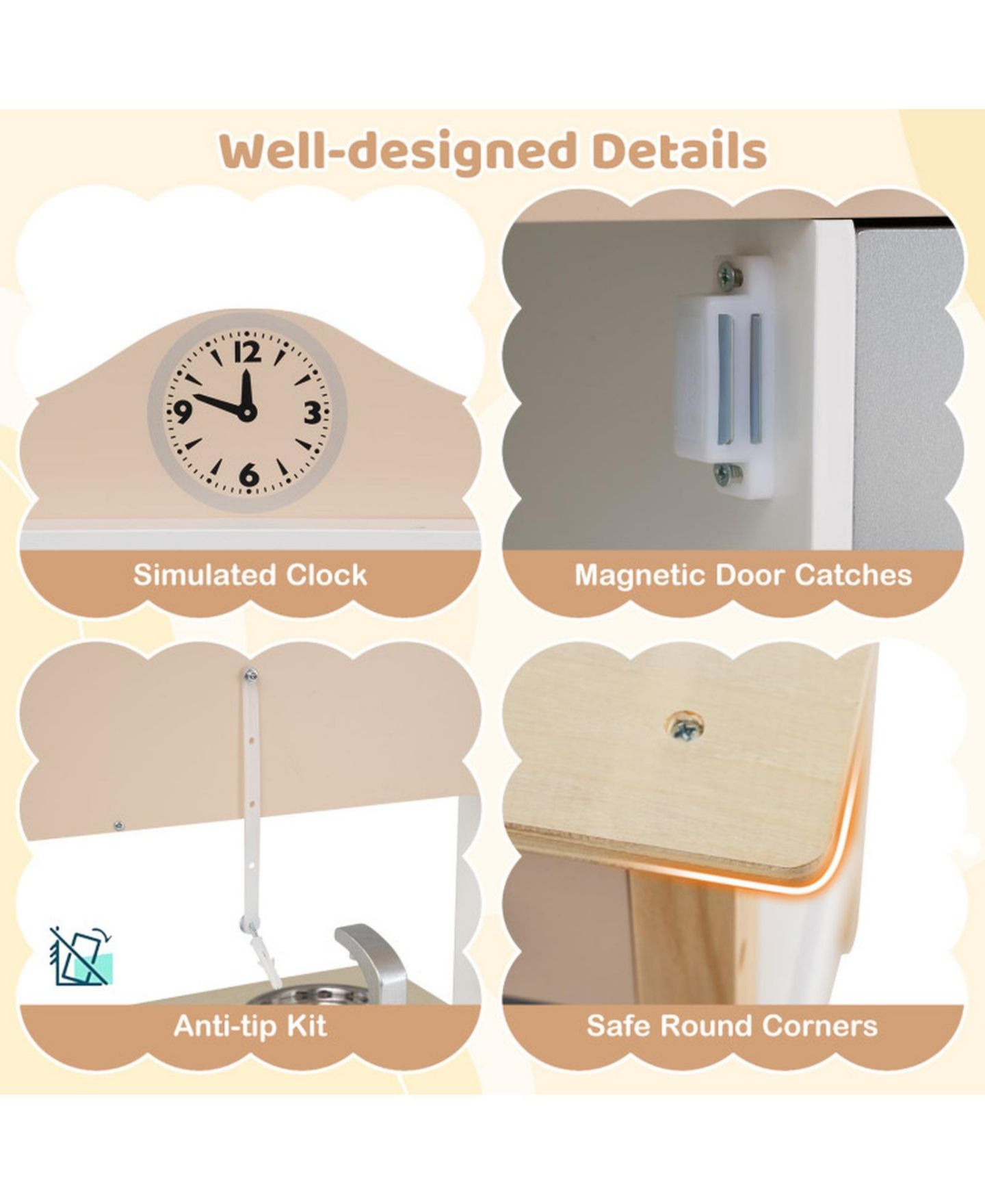 Детские игрушки HONGGE Printed Clock Wooden Toy Kitchen, 13-Piece, Ages 3+, цвет: Белый / Коричневый — фото 8