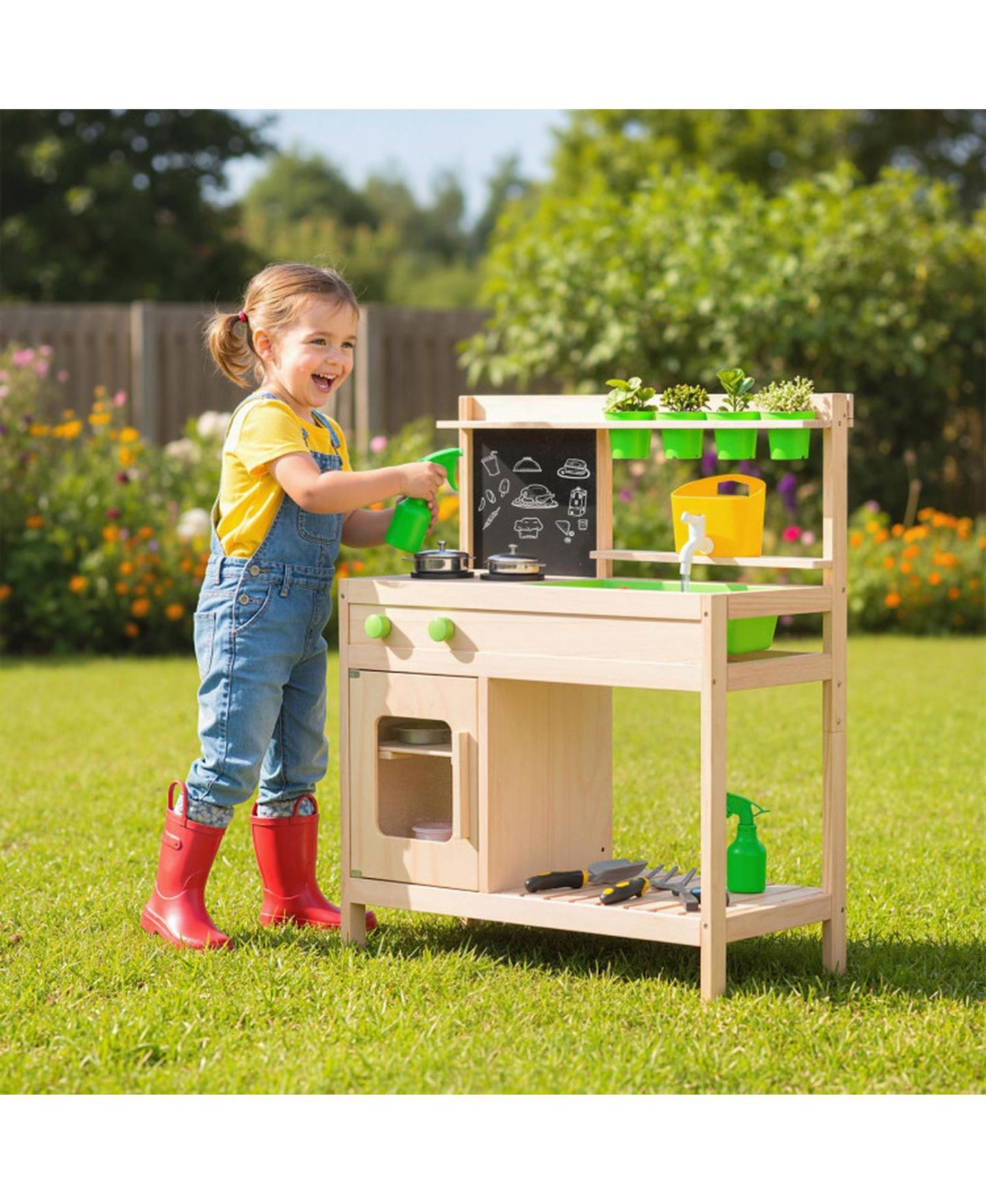 Детские игрушки HONGGE Mud Kitchen Chalkboard 4-Piece Play Kitchen, Ages 3+, цвет: Светлый сосновый — фото 11