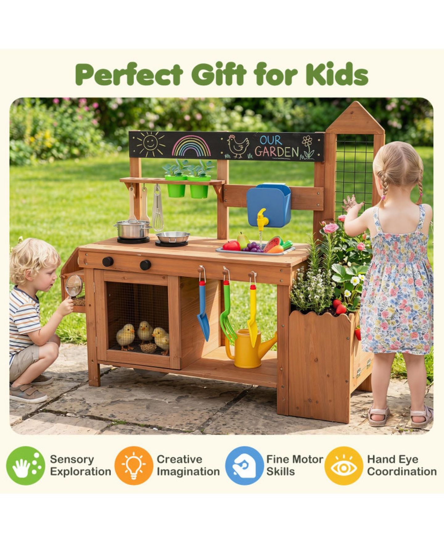 Детская игрушка HONGGE Outdoor Mud Kitchen with Removable Birdcage and Planter Box, Ages 3+, цвет: Тёплый коричневый — фото 9