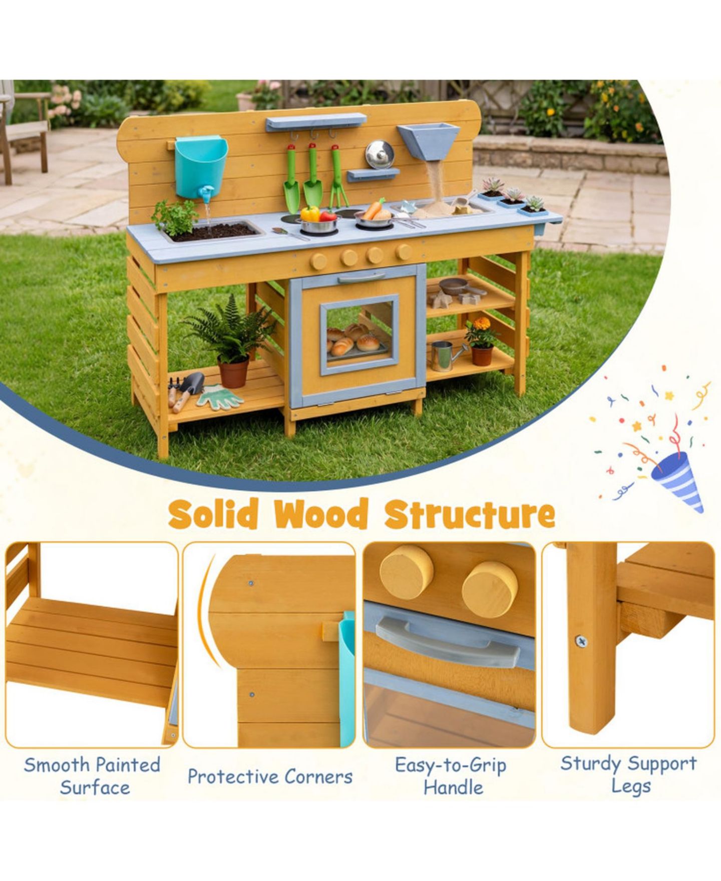 Детские игрушки HONGGE Wooden Mud Kitchen 2-Sink, 4-Stove 14-Piece Play Set, Ages 3+, цвет: Натуральный — фото 6