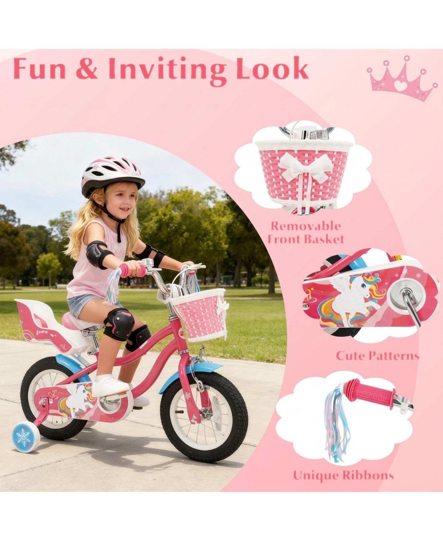 Детская игрушка HONGGE 12-Inch Girls' Bike with Doll Seat, Front Basket and Training Wheels, Ages 3-4, цвет: Розовый — фото 9
