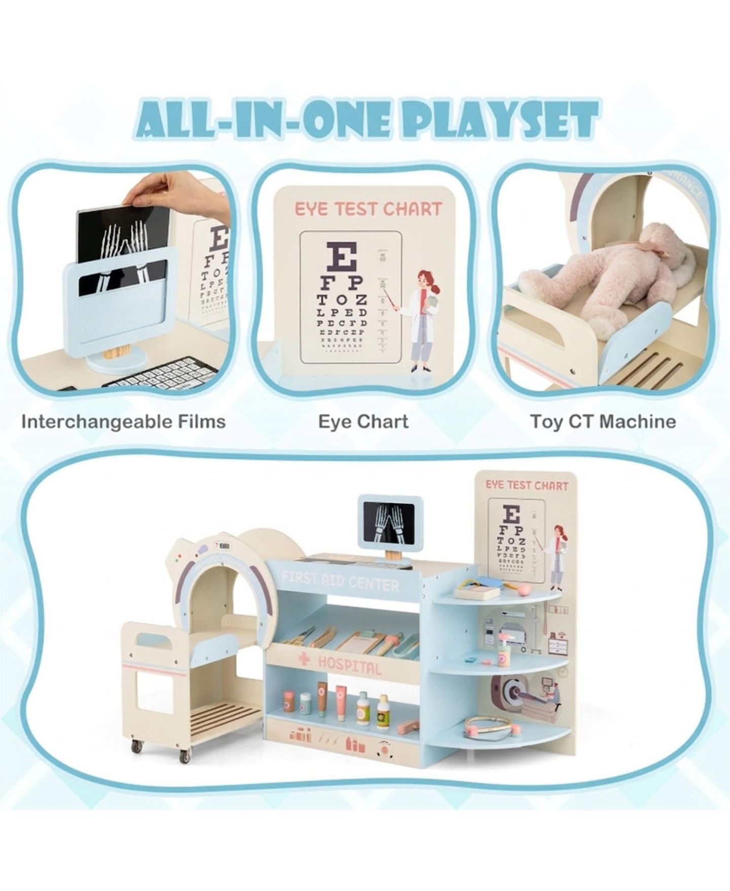 Детский игровой набор HONGGE Kids Wooden Doctor Play Set with Toy CT Machine and Eye Chart Ages 3, цвет: Синий — фото 9