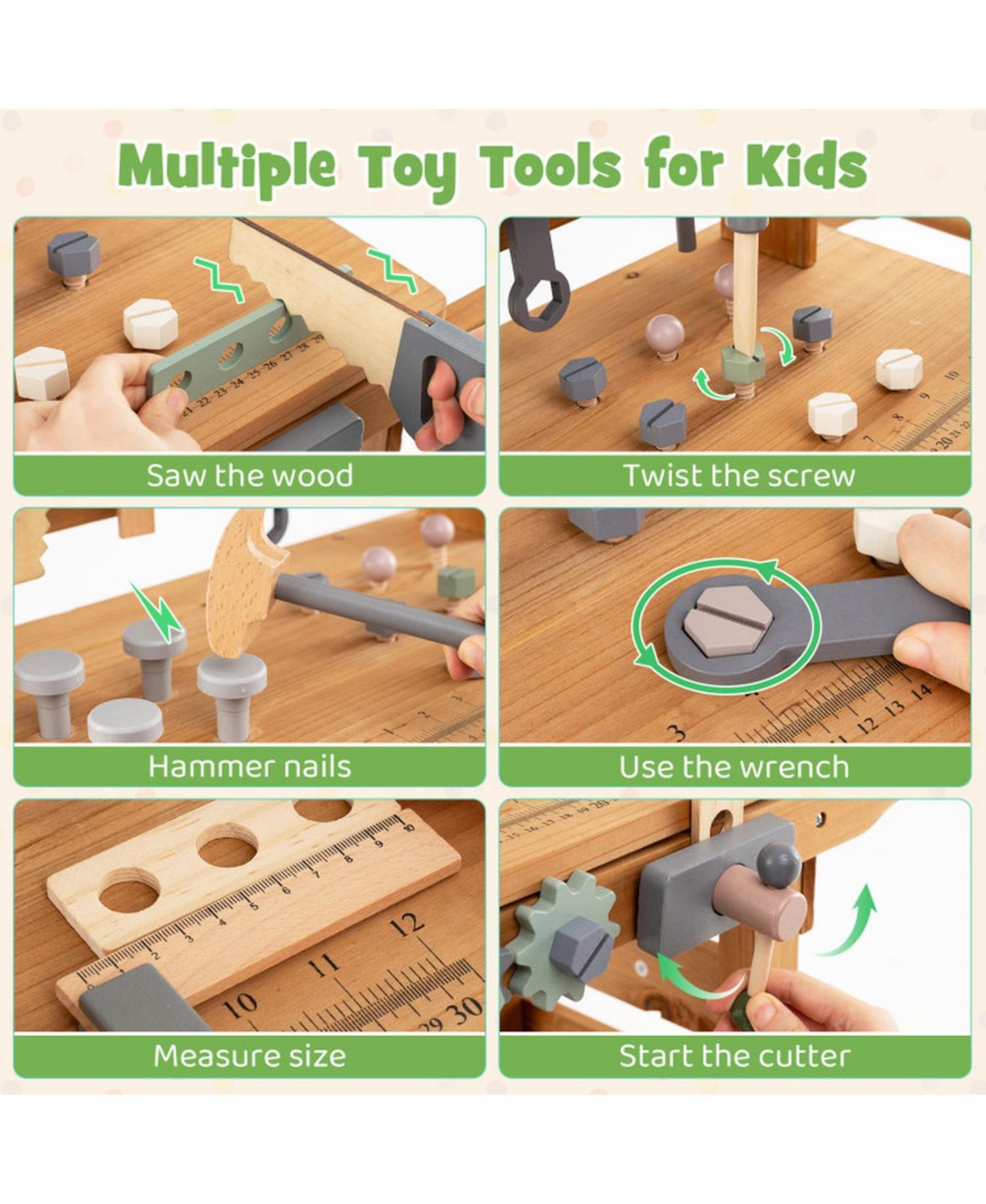 Детские игрушки HONGGE 2-in-1 Rolling Wooden 47-Piece Tool Bench Cart, Ages 3+, цвет: Коричневый — фото 5