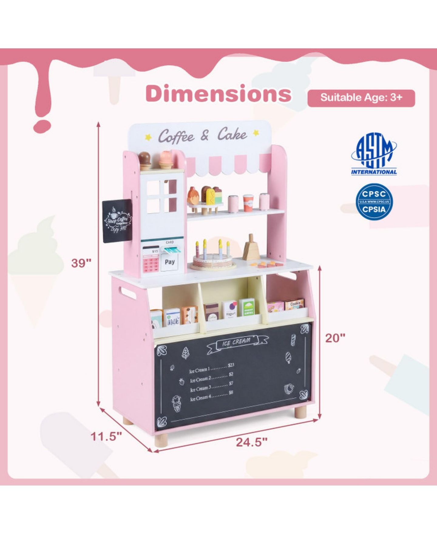 Детский игровой набор HONGGE Ice Cream Shop Rotating Popsicle Rack 27-Piece Playset, Ages 3+, цвет: Розовый — фото 3