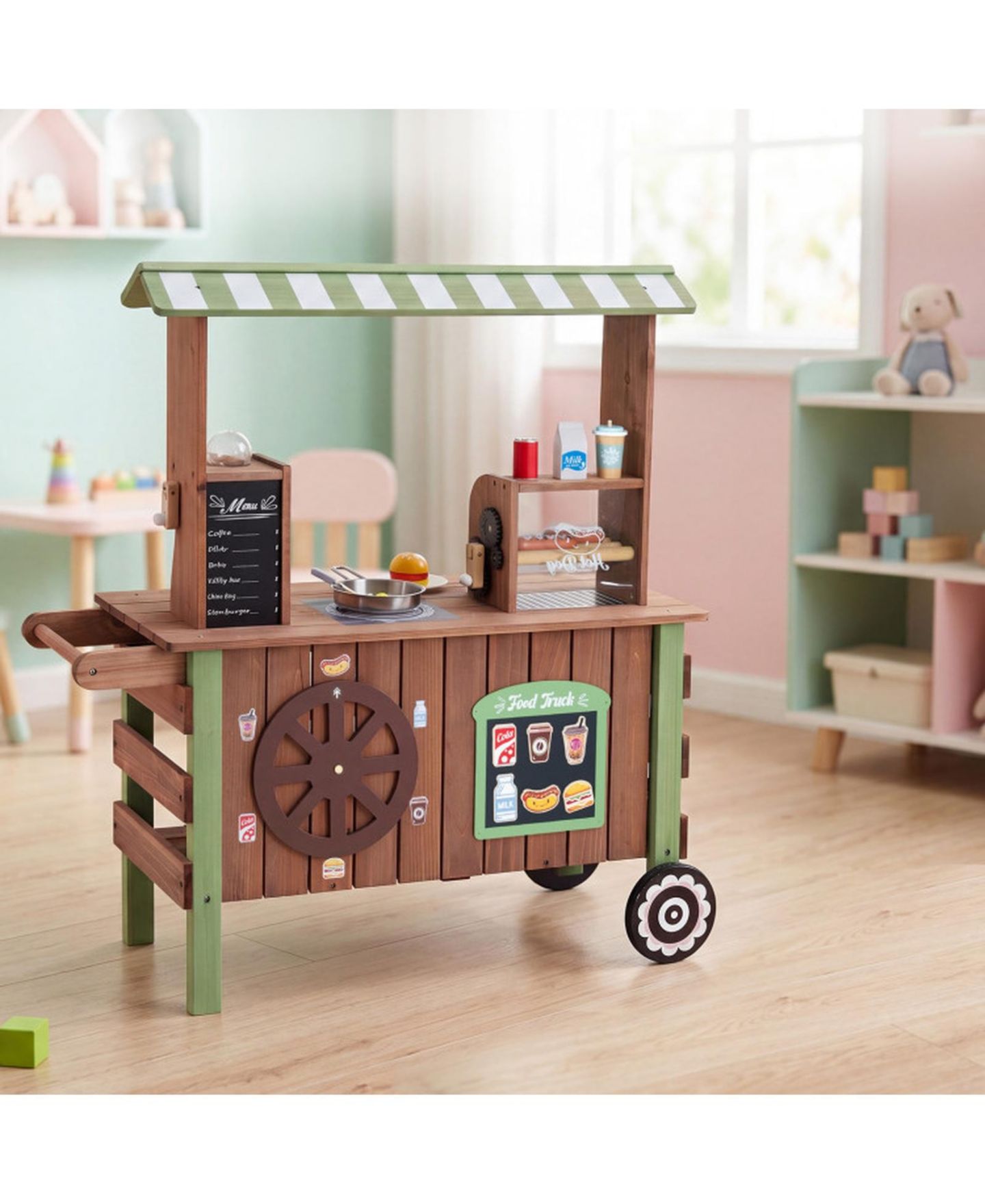 Детский игровой набор HONGGE Grocery Roller Grill and Menu Board Food Cart Playset, Ages 3+, цвет: Коричневый — фото 2
