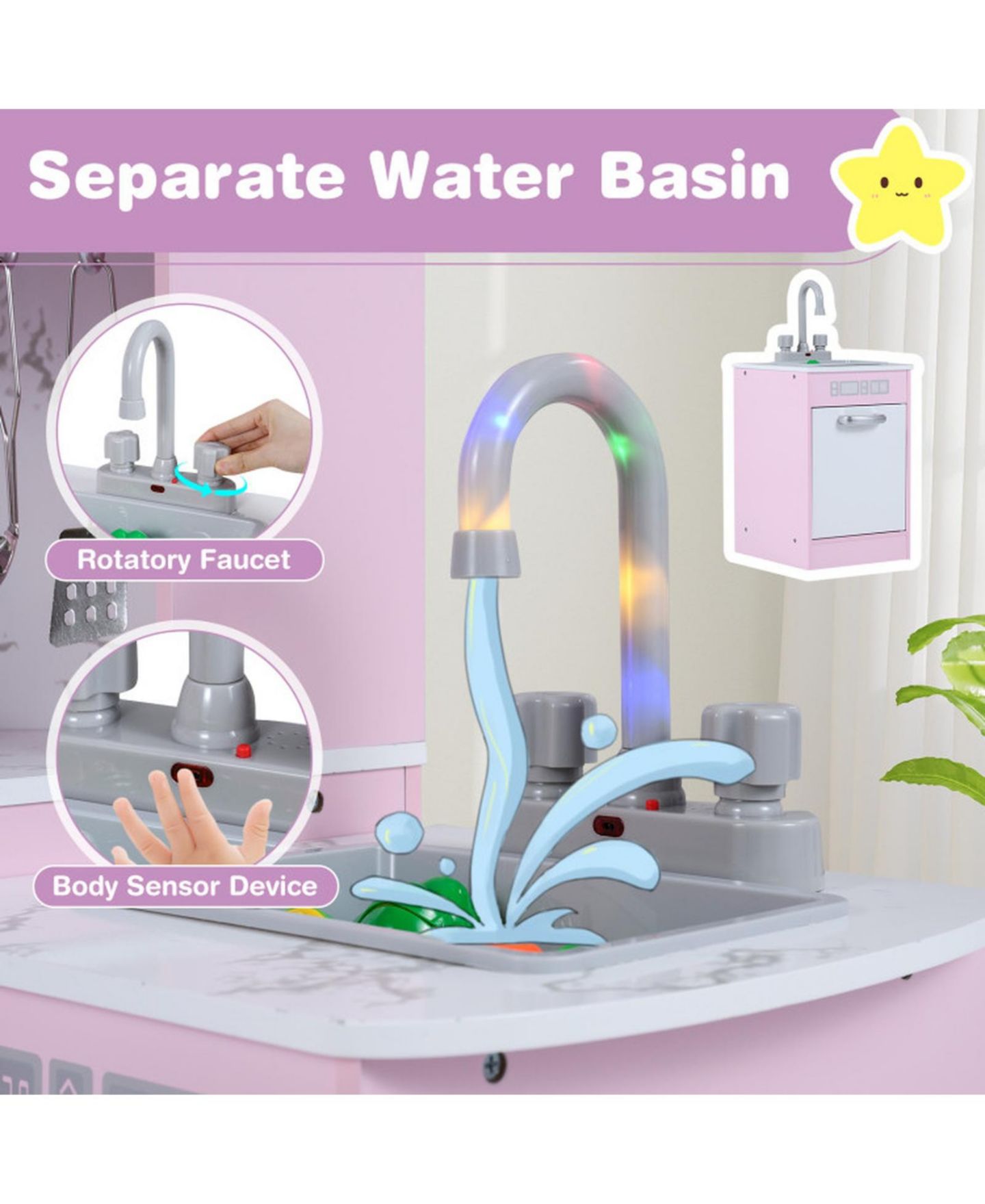 Детский игровой набор HONGGE Kids Corner Play Kitchen Playset with Sensor Faucet and Sound Lights Ages 3, цвет: Розовый — фото 10