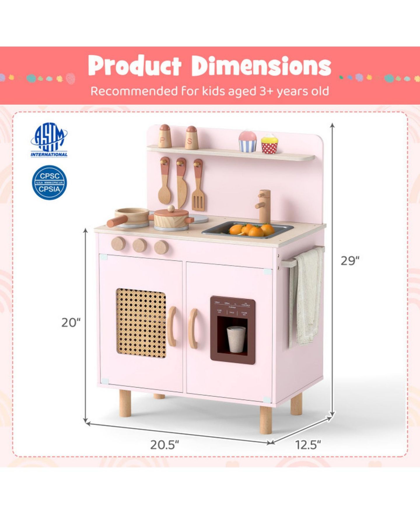 Детский игровой набор HONGGE Kids Wooden Play Kitchen Playset with Working Ice Maker and Sink Ages 3, цвет: Розовый — фото 3