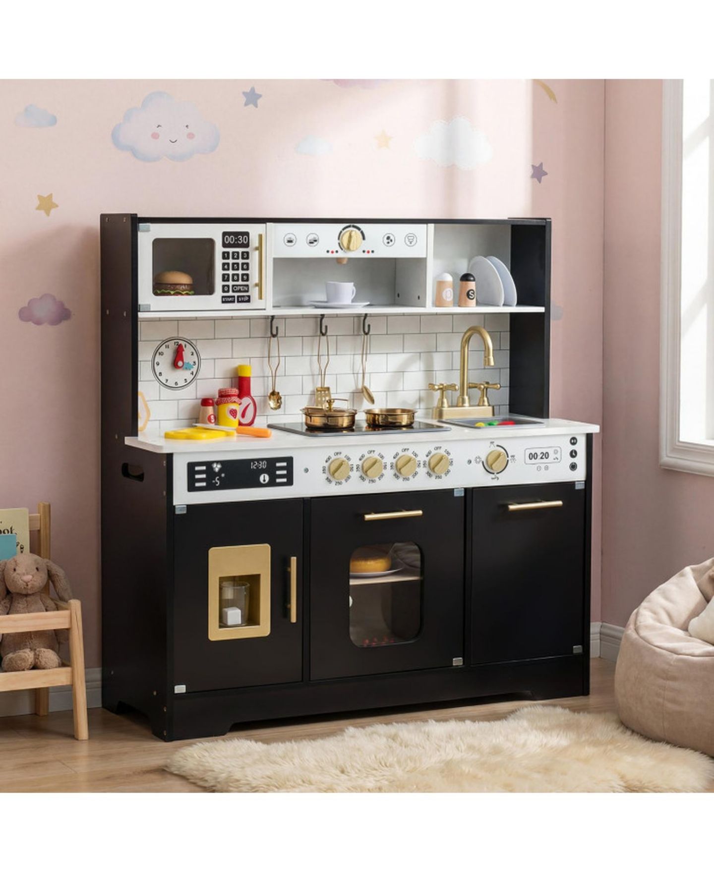 Детская игрушка HONGGE Lights and Sounds Wooden Play Kitchen with Ice Maker, Ages 3+, цвет: Чёрный — фото 2
