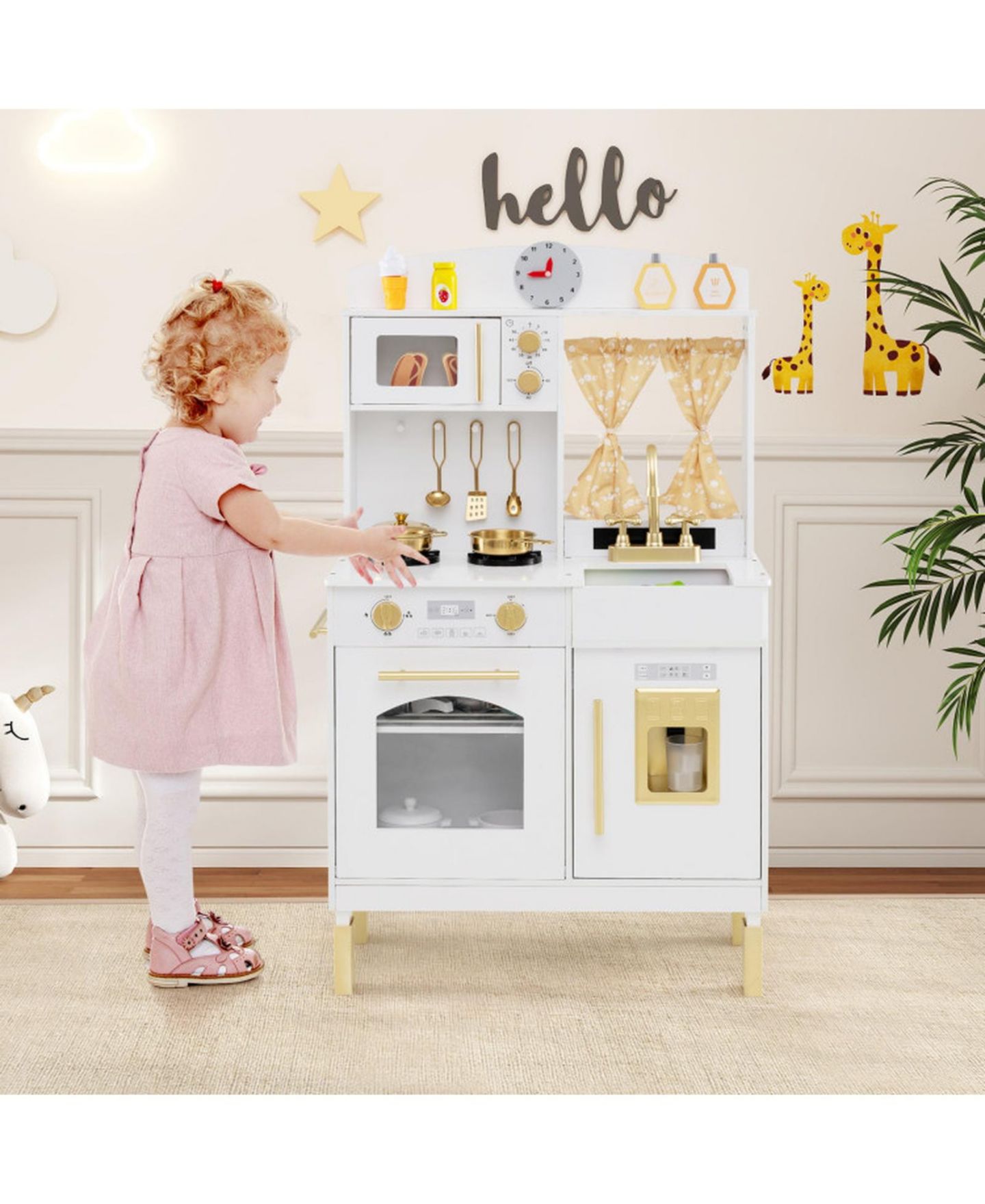 Детская игрушка HONGGE Height-Adjustable Ice-Making Wooden Play Kitchen, Ages 3+, цвет: Золотой — фото 10