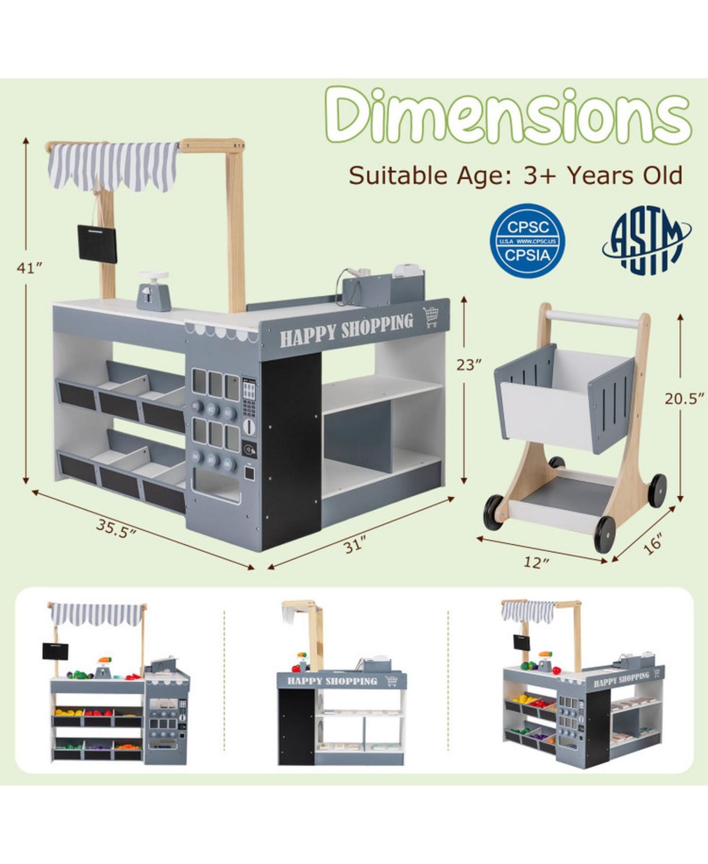 Детский игровой набор HONGGE Kids' Wooden Grocery Store Playset with Shopping Cart and Cash Register, Ages 3+, цвет: Серый — фото 3