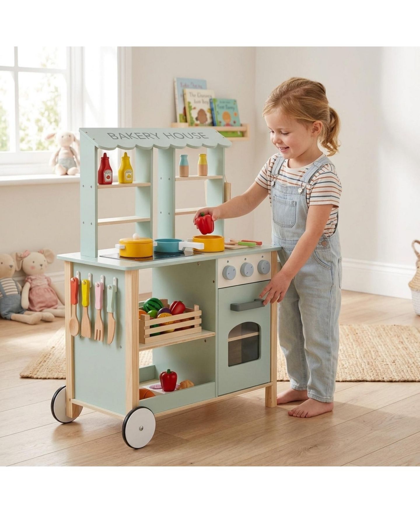 Детская игрушка HONGGE Wooden Play Kitchen with Rolling Wheels, Ages 3+, цвет: Зелёный — фото 2