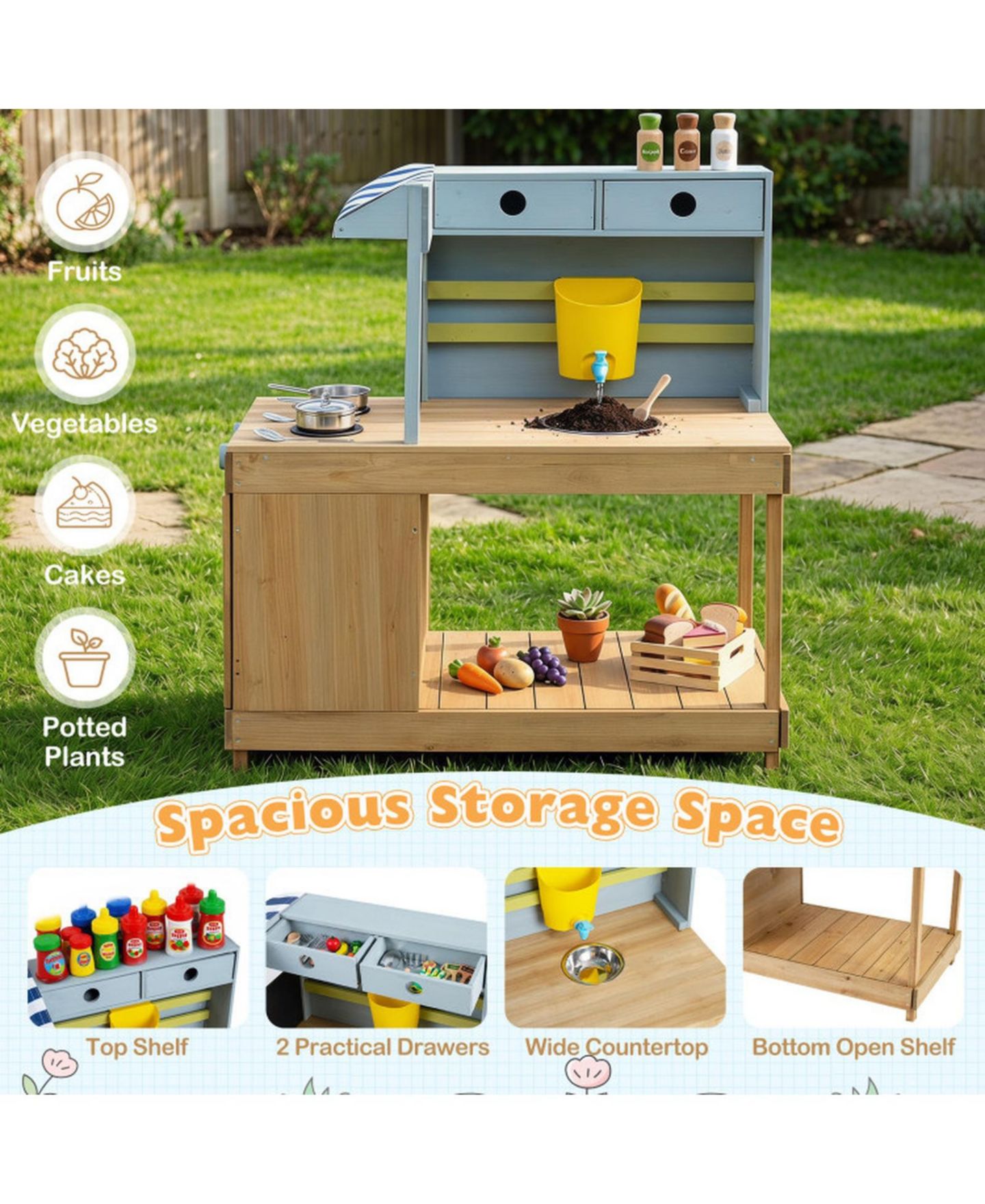 Детские игрушки HONGGE Canopy Mud Kitchen with Water Tank and Faucet, Ages 3+, цвет: Натуральный — фото 6