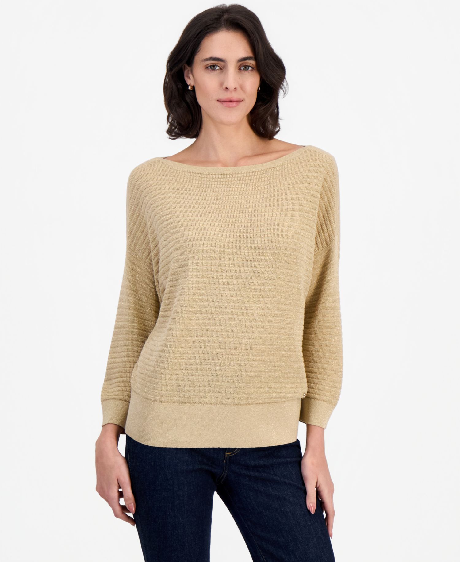 Women's Lurex-Knit 3/4-Length-Sleeve Boatneck Sweater