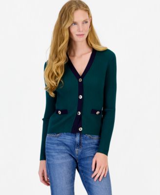 Women's Ribbed Tipped V-Neck Cardigan
