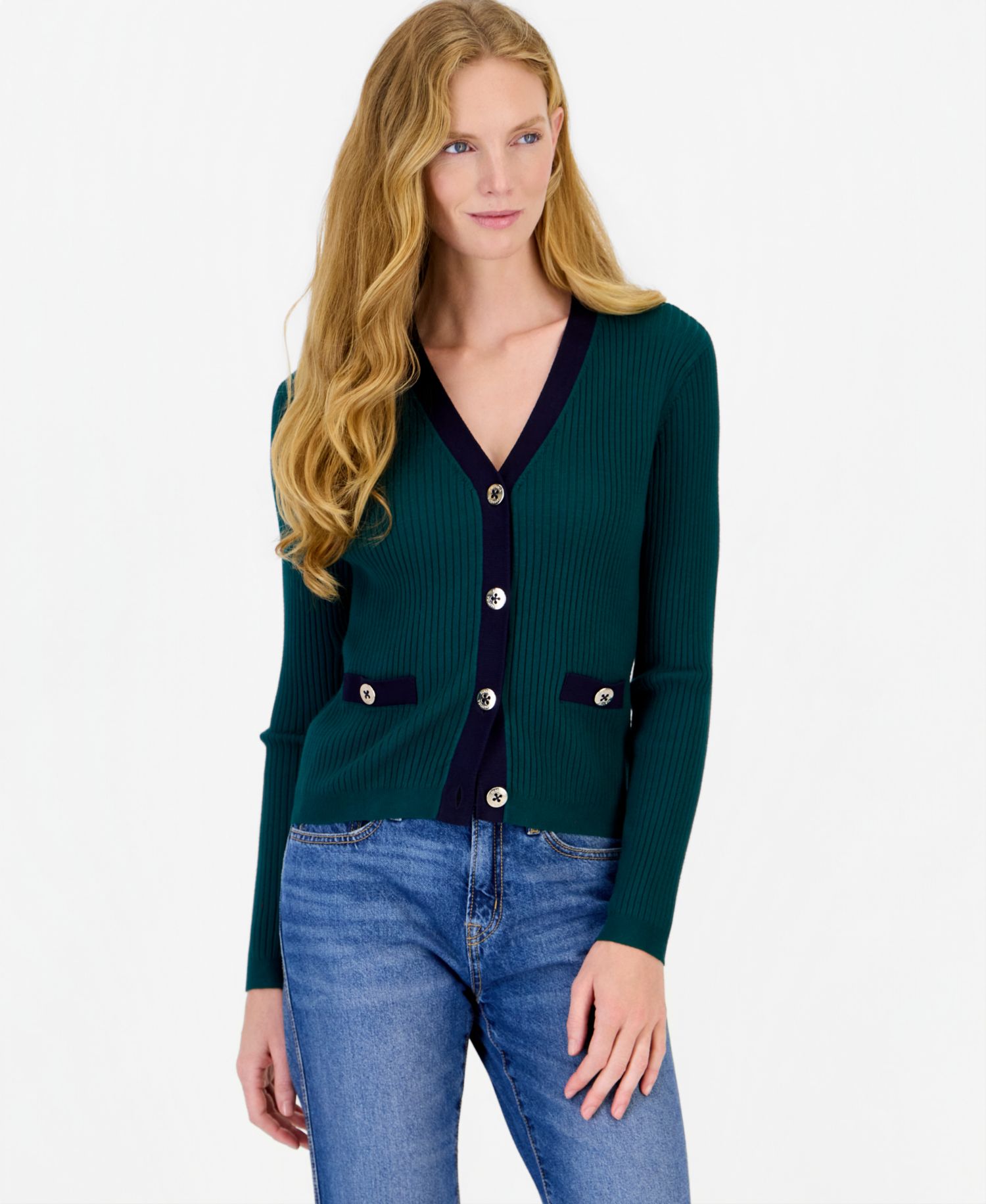 Women's Ribbed Tipped V-Neck Cardigan