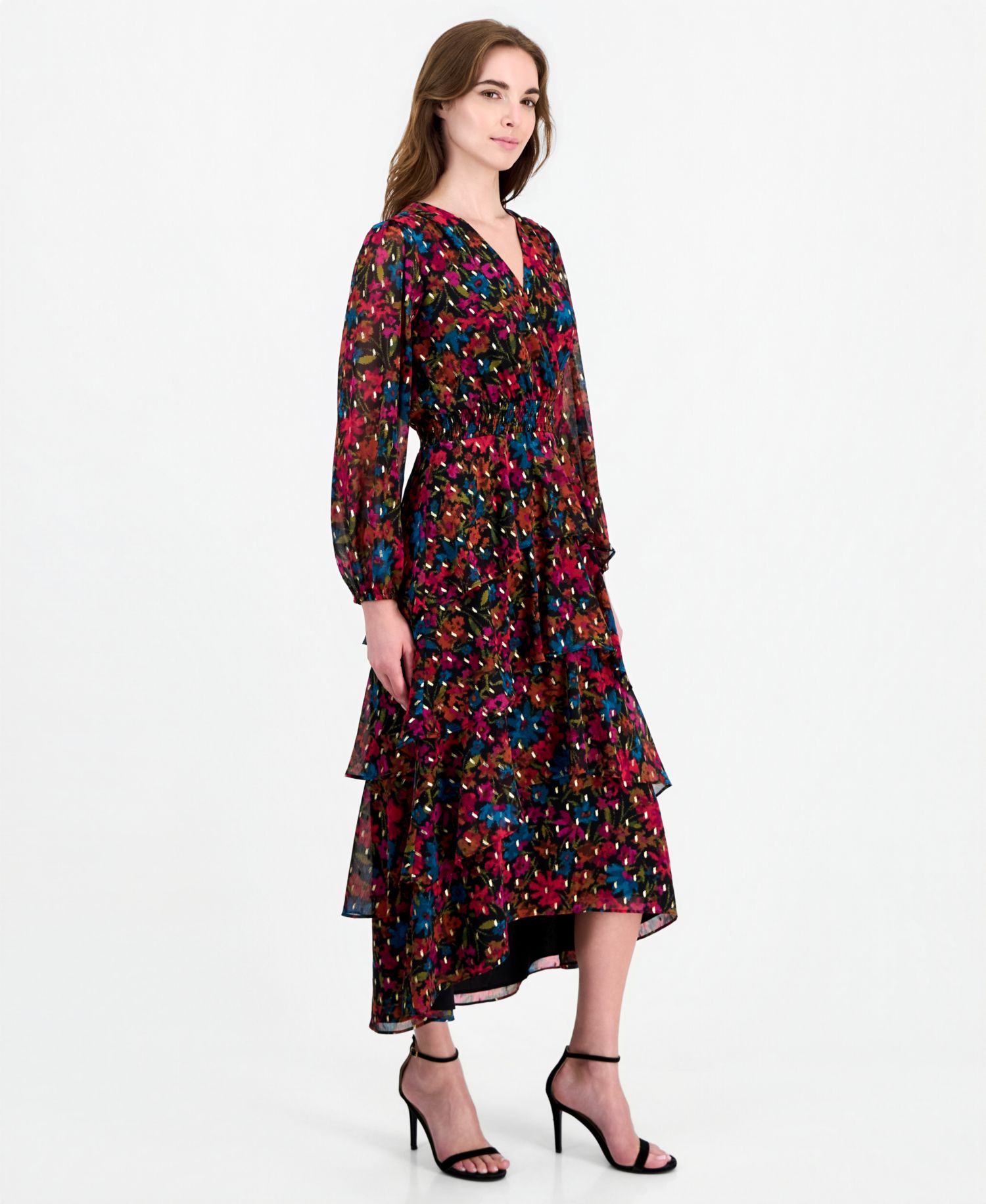 Women's Long-Sleeve V-Neck Asymmetrical Dress
