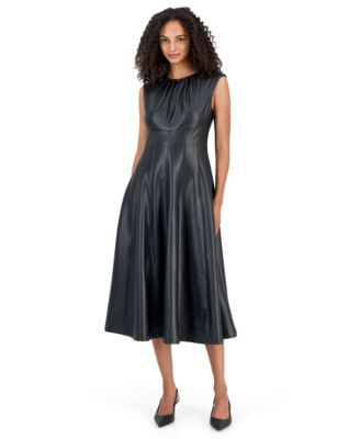Women's Pleated Neck A-Line Midi Faux Leather Dress