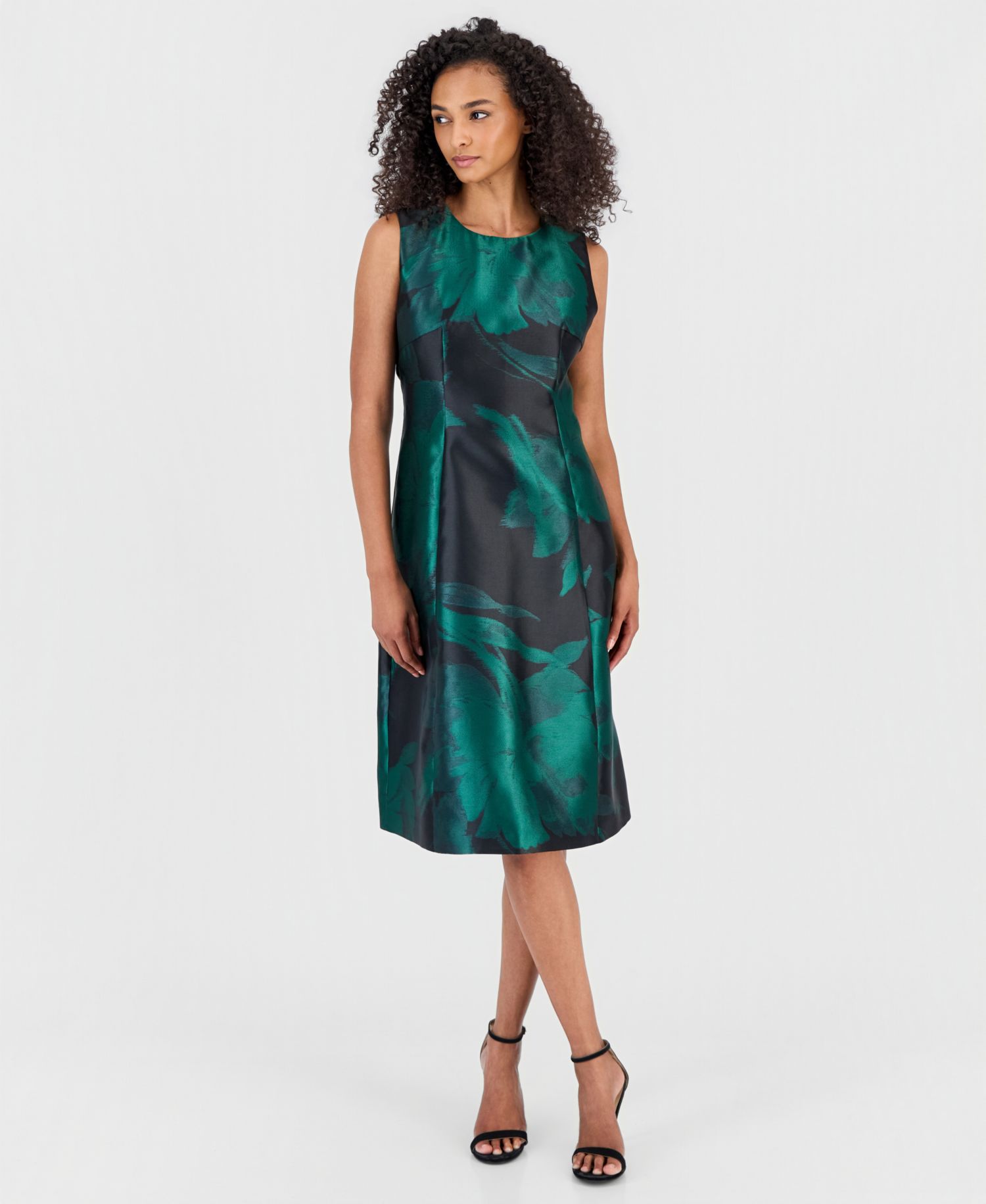 Women's Floral Jacquard Princess-Seam Fit & Flare Midi Dress