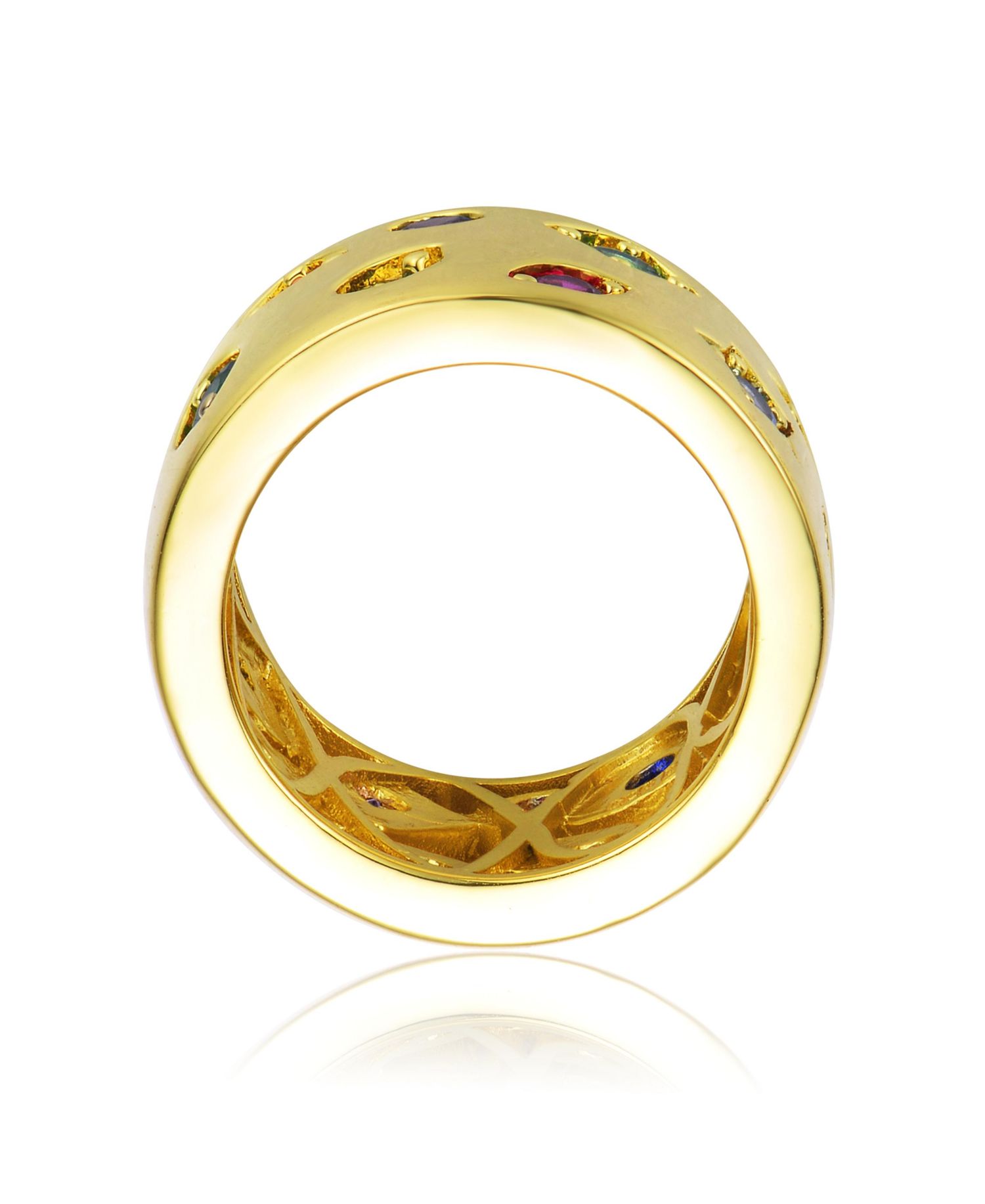 14K Gold Plated Vibrant Multi Color CZ Wide Band Ring